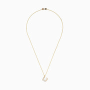 The Pearl 14K Yellow Gold Pearl and Diamond Ribbon Necklace features a white pearl encircled by two gold loops set with sparkling diamonds, shown against a plain white background.