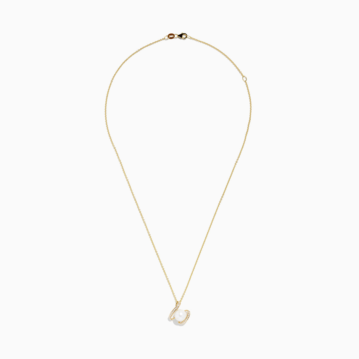 The Pearl 14K Yellow Gold Pearl and Diamond Ribbon Necklace features a white pearl encircled by two gold loops set with sparkling diamonds, shown against a plain white background.