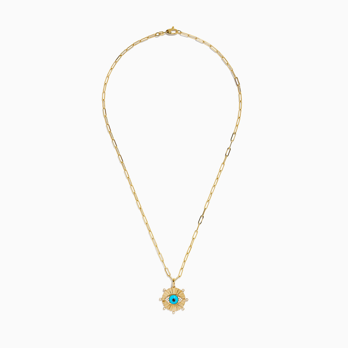 The 14K Yellow Gold Turquoise and Diamond Evil Eye Pendant features a sunburst design with a vivid blue and black evil eye center, accented by sparkling diamonds along the edges.