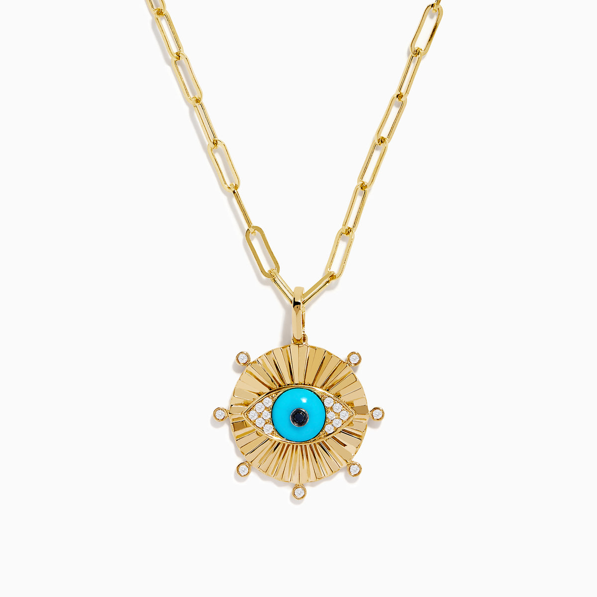 The 14K Yellow Gold Turquoise and Diamond Evil Eye Pendant features a sunburst design with a vivid blue and black evil eye center, accented by sparkling diamonds along the edges.