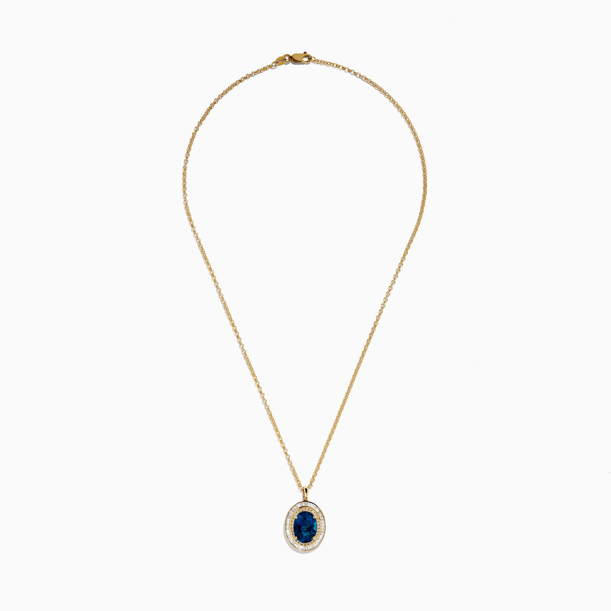 The 14K Yellow Gold London Blue Topaz and Diamond Double Halo Pendant features an oval London Blue Topaz and sparkling white diamonds, set on a gold chain necklace.
