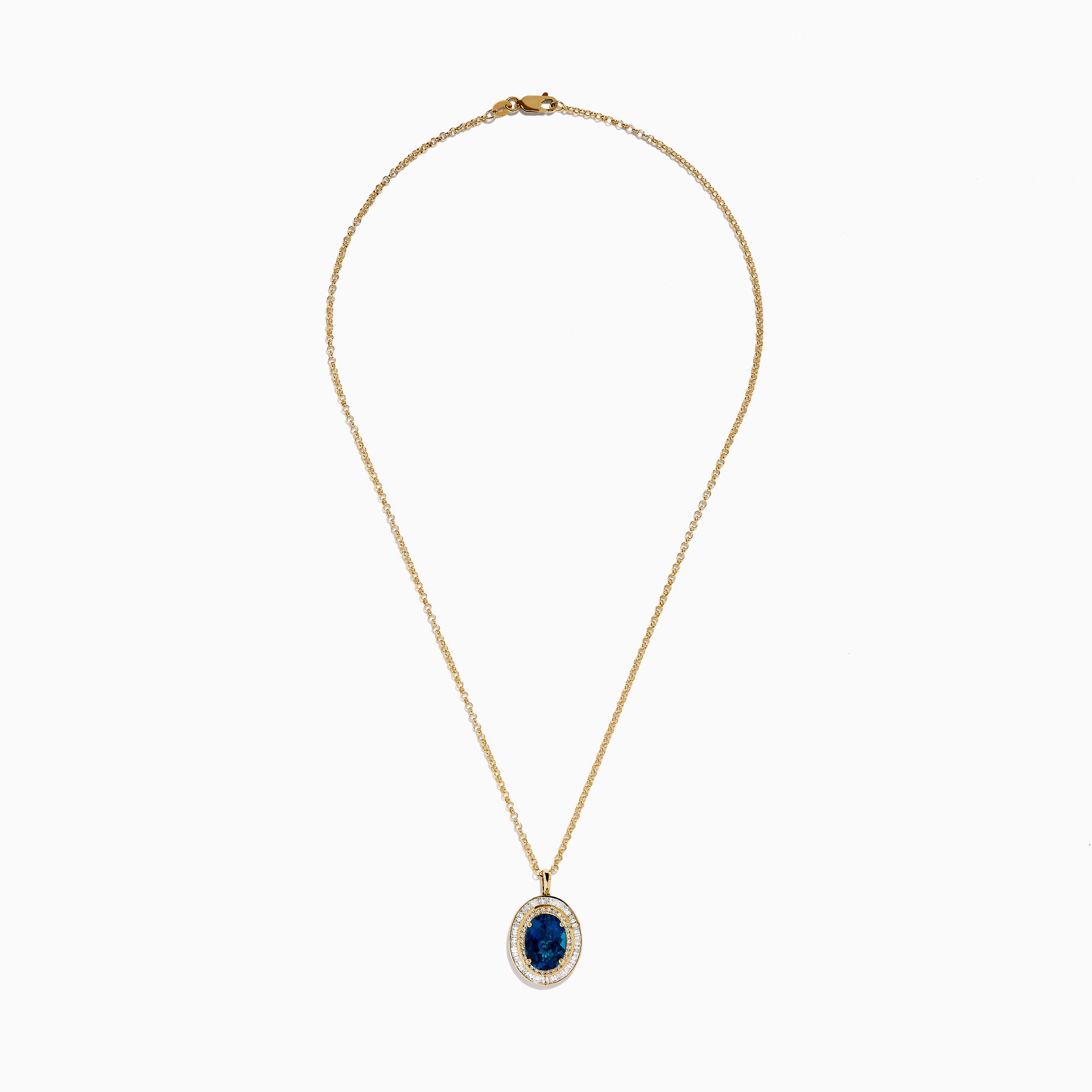 The 14K Yellow Gold London Blue Topaz and Diamond Double Halo Pendant features an oval London Blue Topaz and sparkling white diamonds, set on a gold chain necklace.