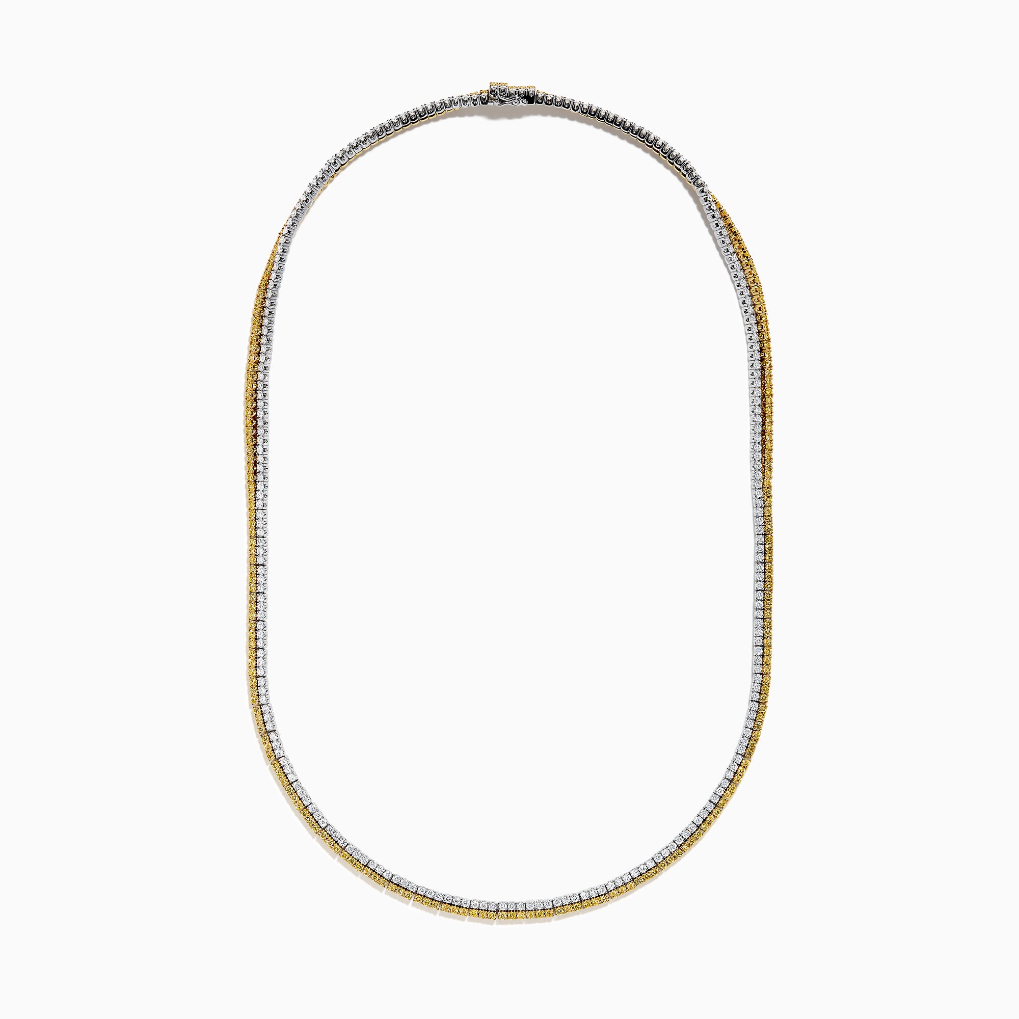 A close-up of the Canare 18K Two-Tone Gold Yellow and White Diamond Necklace features dual gemstone rows—one gold, one silver—in a curved U shape, highlighting its elegant two-tone design against a white background.