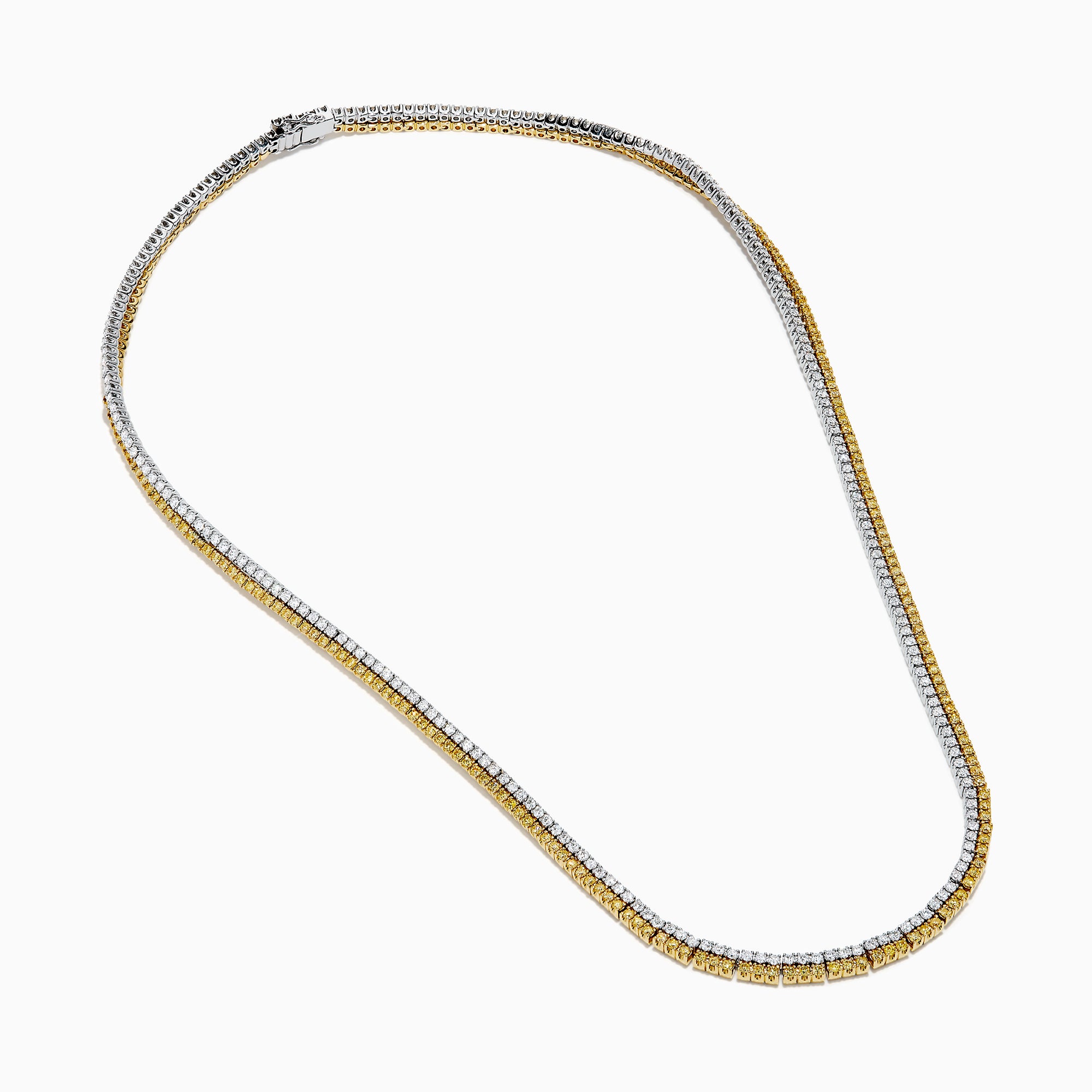 A close-up of the Canare 18K Two-Tone Gold Yellow and White Diamond Necklace features dual gemstone rows—one gold, one silver—in a curved U shape, highlighting its elegant two-tone design against a white background.