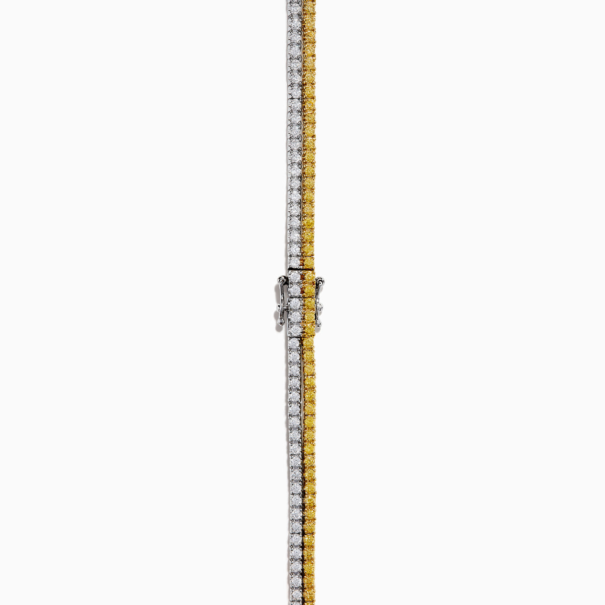 A close-up of the Canare 18K Two-Tone Gold Yellow and White Diamond Necklace features dual gemstone rows—one gold, one silver—in a curved U shape, highlighting its elegant two-tone design against a white background.