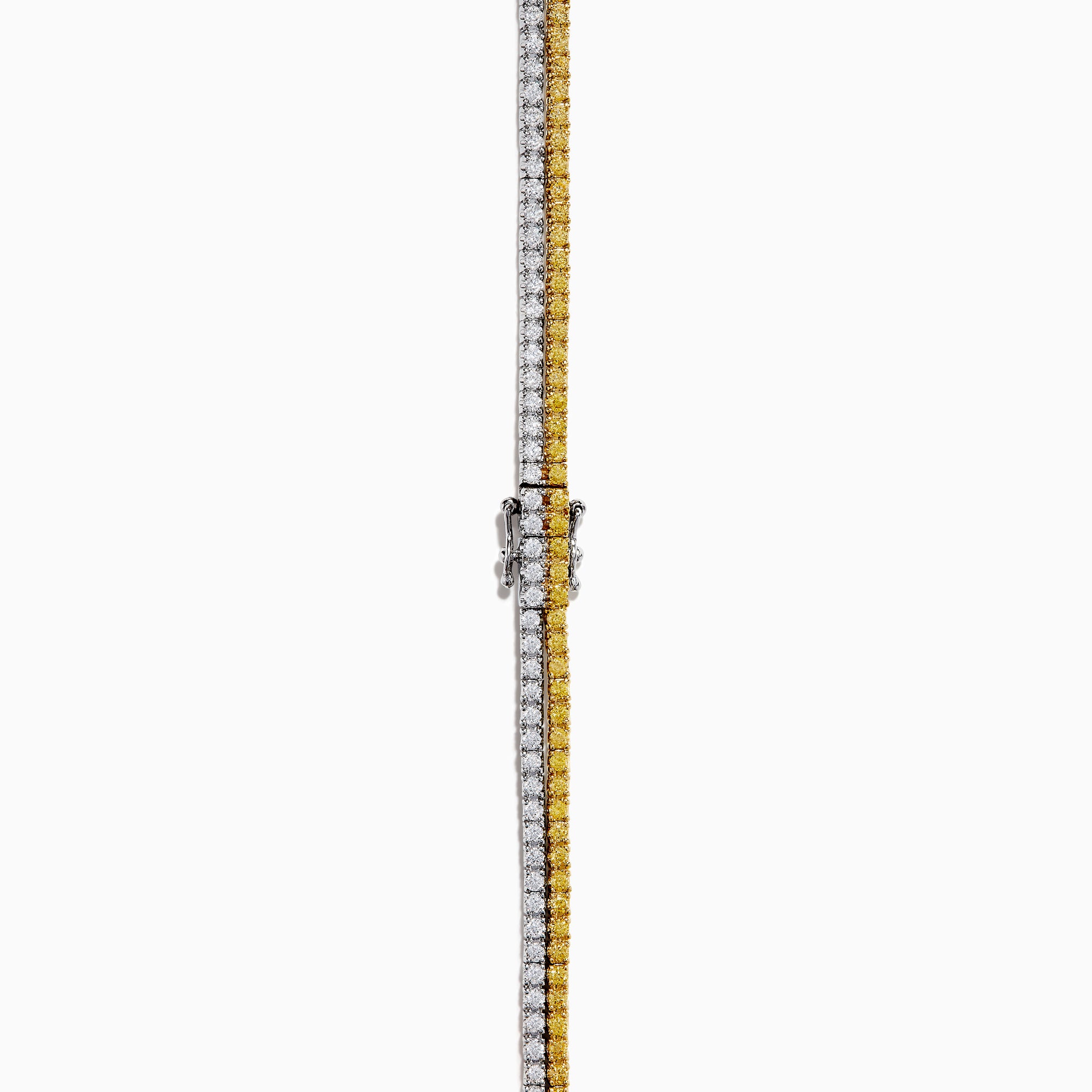 A close-up of the Canare 18K Two-Tone Gold Yellow and White Diamond Necklace features dual gemstone rows—one gold, one silver—in a curved U shape, highlighting its elegant two-tone design against a white background.