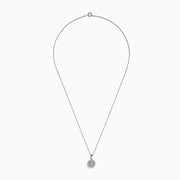 The Sterling Silver Diamond Cluster Pendant showcases a round center diamond encircled by two halos of smaller diamonds, all set in sterling silver, and is displayed on a white background.
