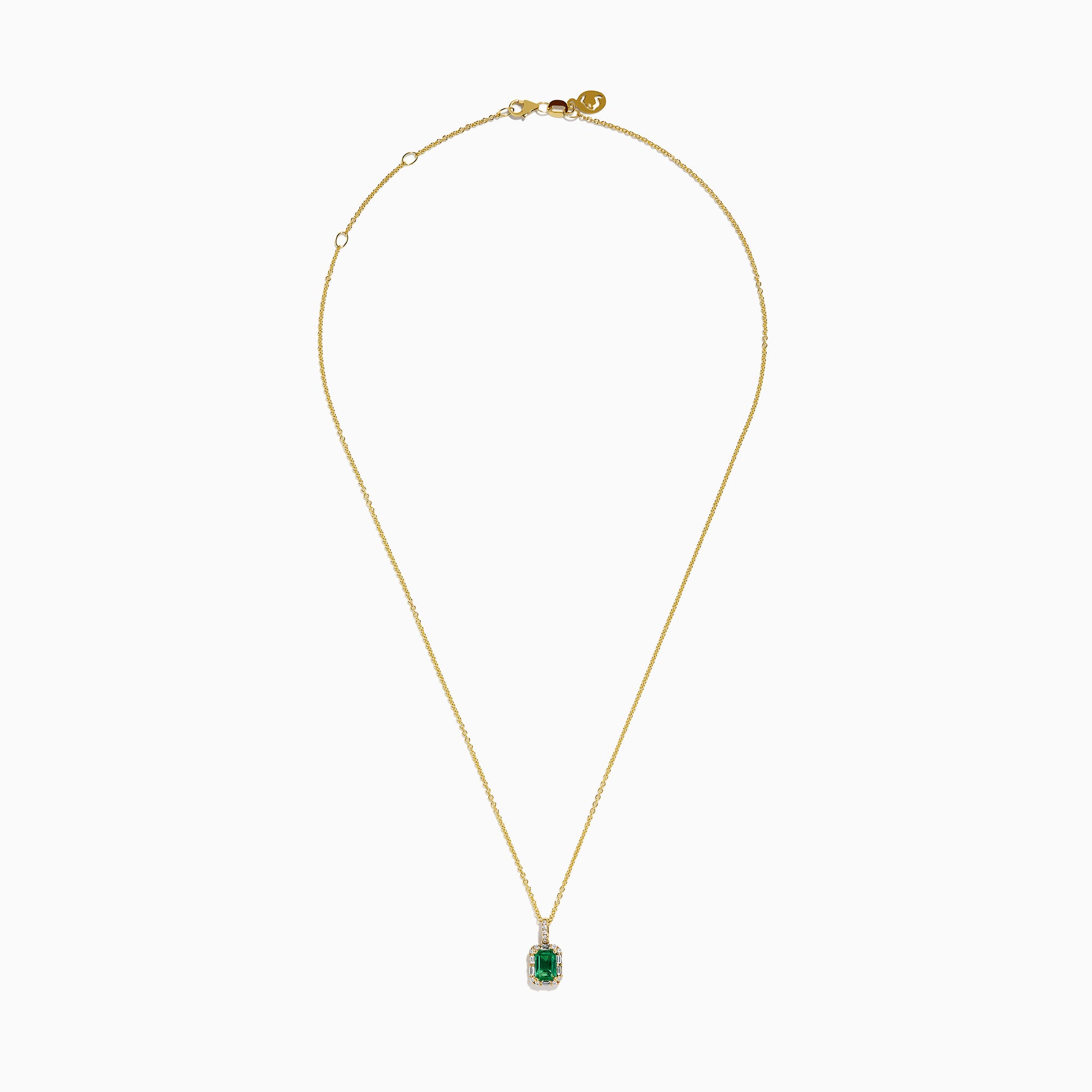 The Brasilica 18K Yellow Gold Emerald and Diamond Pendant features an emerald-cut green gemstone surrounded by small diamonds, showcased on a chain against a plain white background.