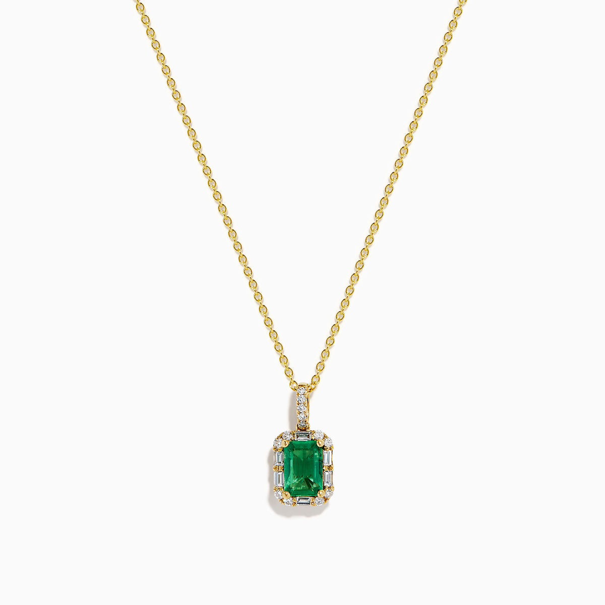 The Brasilica 18K Yellow Gold Emerald and Diamond Pendant features an emerald-cut green gemstone surrounded by small diamonds, showcased on a chain against a plain white background.