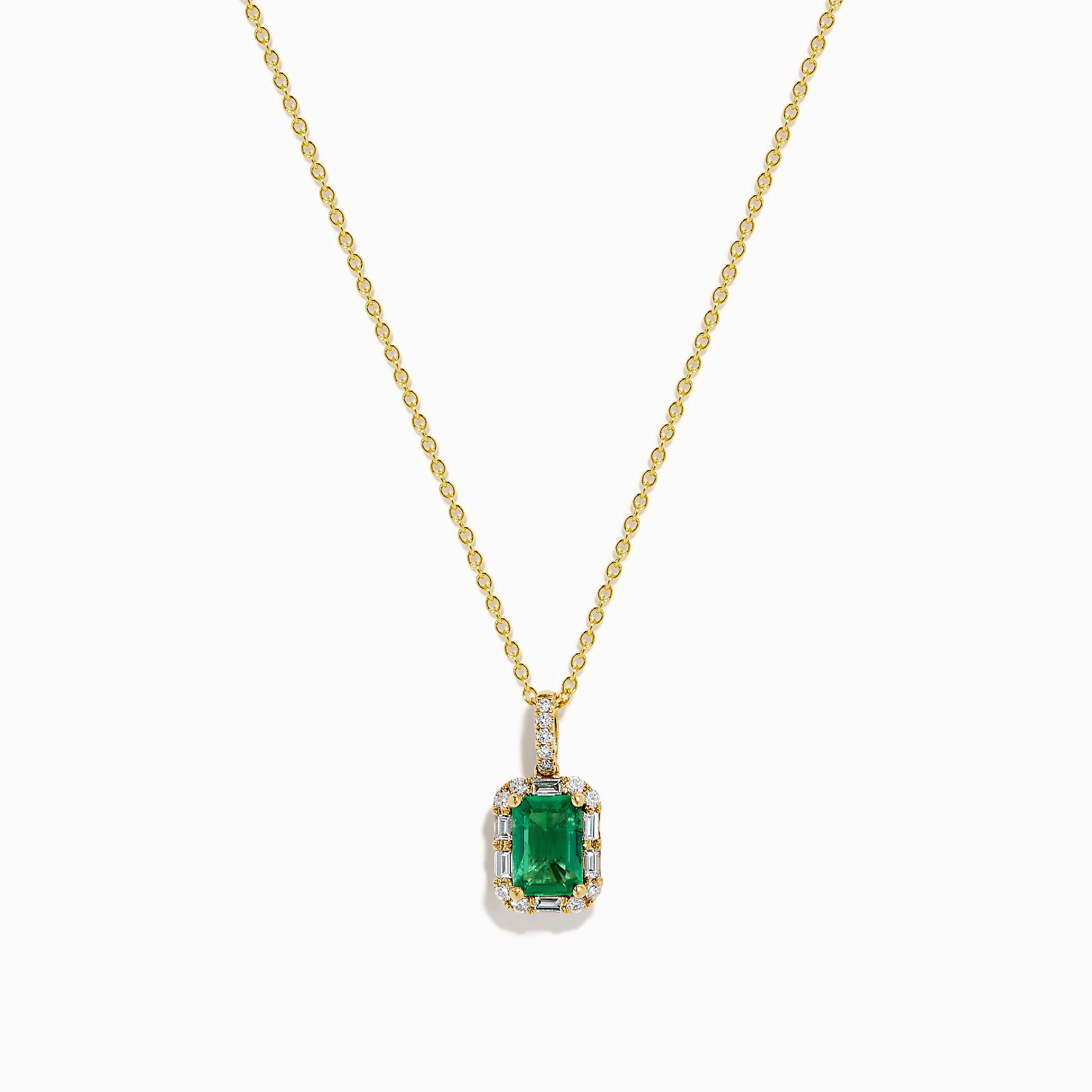 The Brasilica 18K Yellow Gold Emerald and Diamond Pendant features an emerald-cut green gemstone surrounded by small diamonds, showcased on a chain against a plain white background.