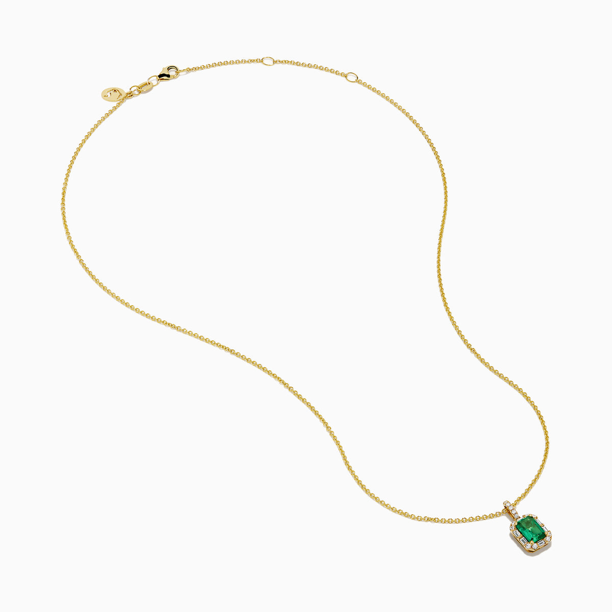 The Brasilica 18K Yellow Gold Emerald and Diamond Pendant features an emerald-cut green gemstone surrounded by small diamonds, showcased on a chain against a plain white background.