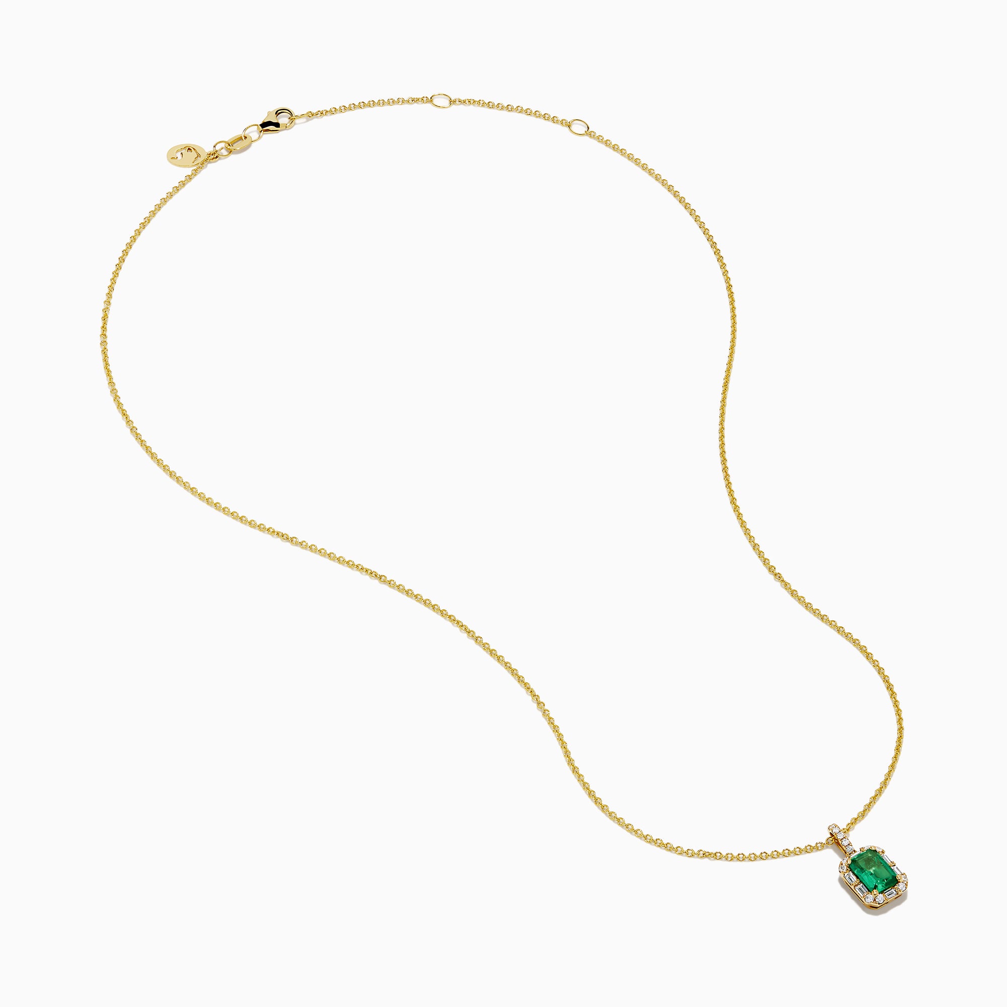 The Brasilica 18K Yellow Gold Emerald and Diamond Pendant features an emerald-cut green gemstone surrounded by small diamonds, showcased on a chain against a plain white background.