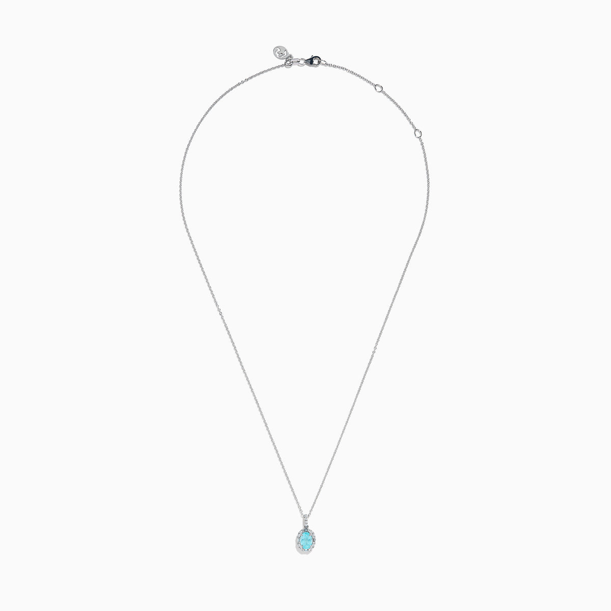 Effy Hematian 14K White Gold Paraiba and Diamond Halo Pendant features an oval blue Paraiba gemstone surrounded by a sparkling diamond halo, showcased on a plain white background.