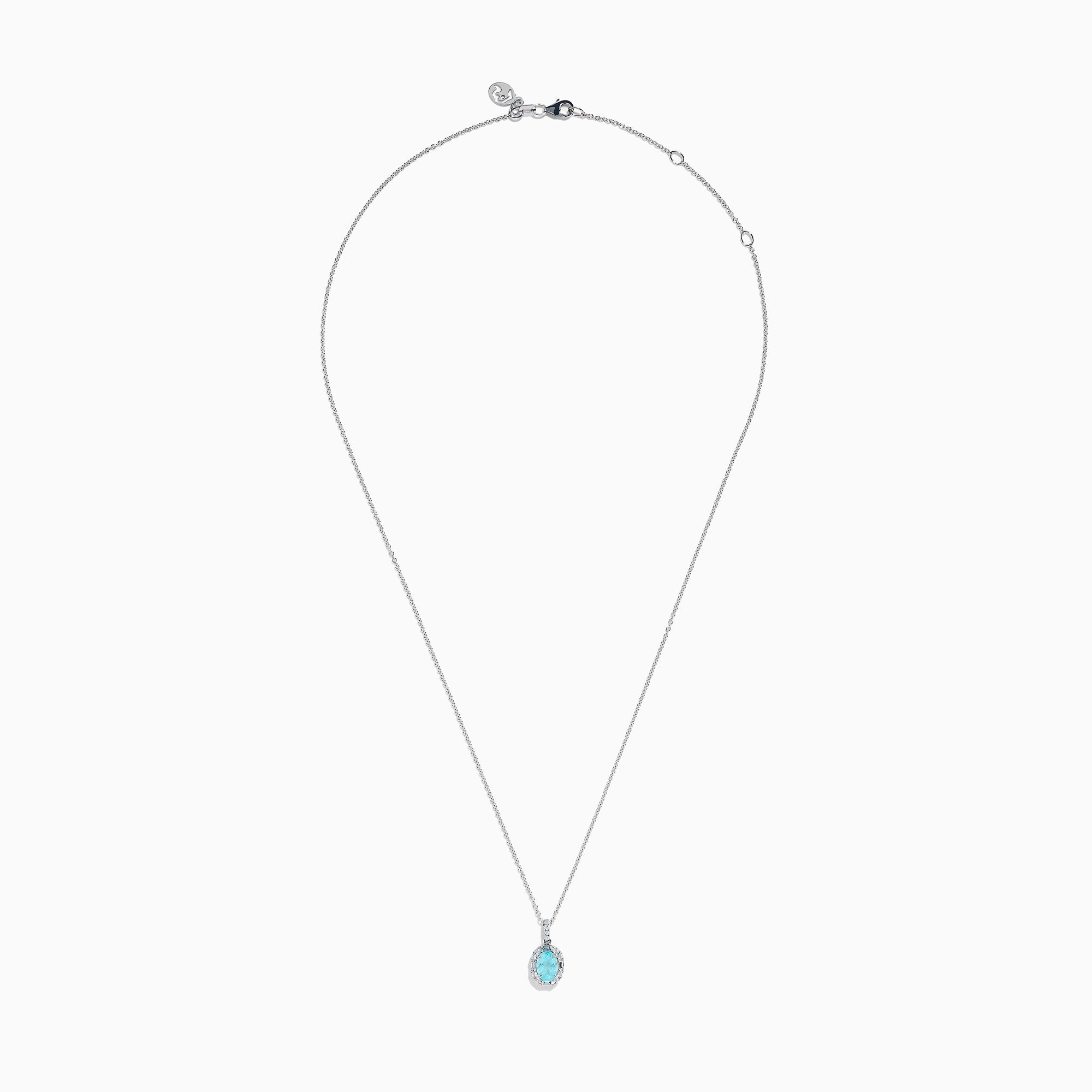 Effy Hematian 14K White Gold Paraiba and Diamond Halo Pendant features an oval blue Paraiba gemstone surrounded by a sparkling diamond halo, showcased on a plain white background.