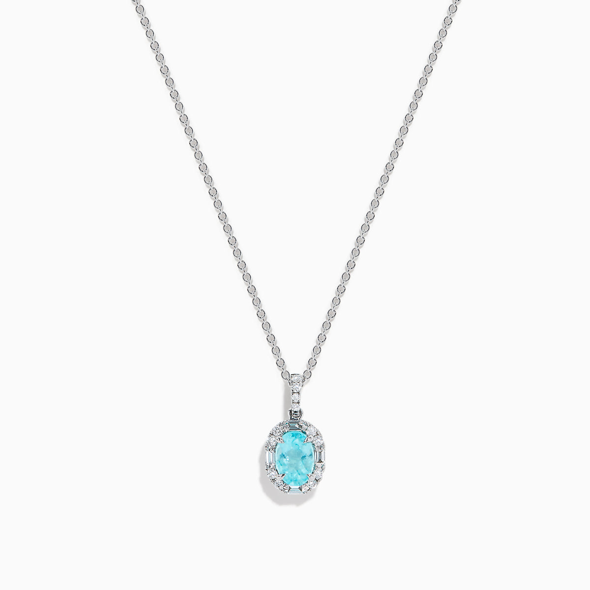 Effy Hematian 14K White Gold Paraiba and Diamond Halo Pendant features an oval blue Paraiba gemstone surrounded by a sparkling diamond halo, showcased on a plain white background.