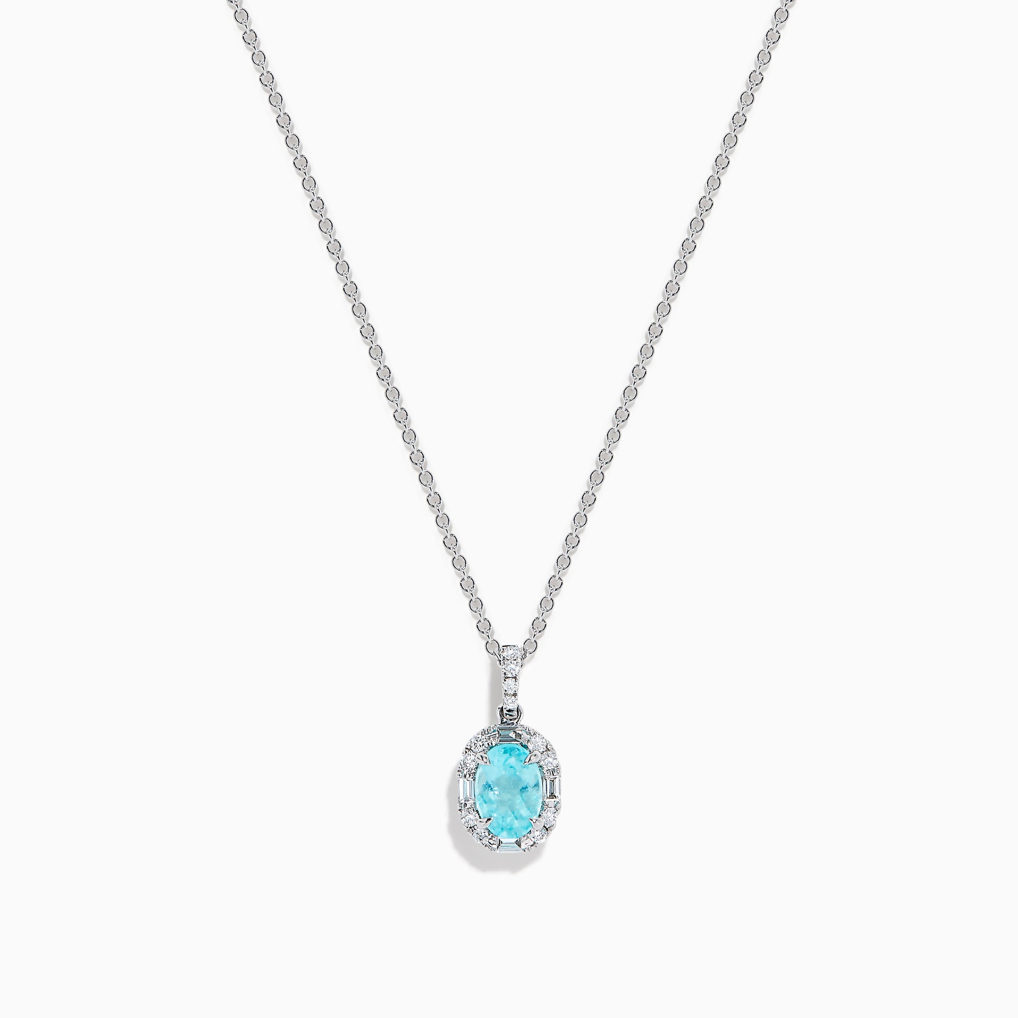 Effy Hematian 14K White Gold Paraiba and Diamond Halo Pendant features an oval blue Paraiba gemstone surrounded by a sparkling diamond halo, showcased on a plain white background.