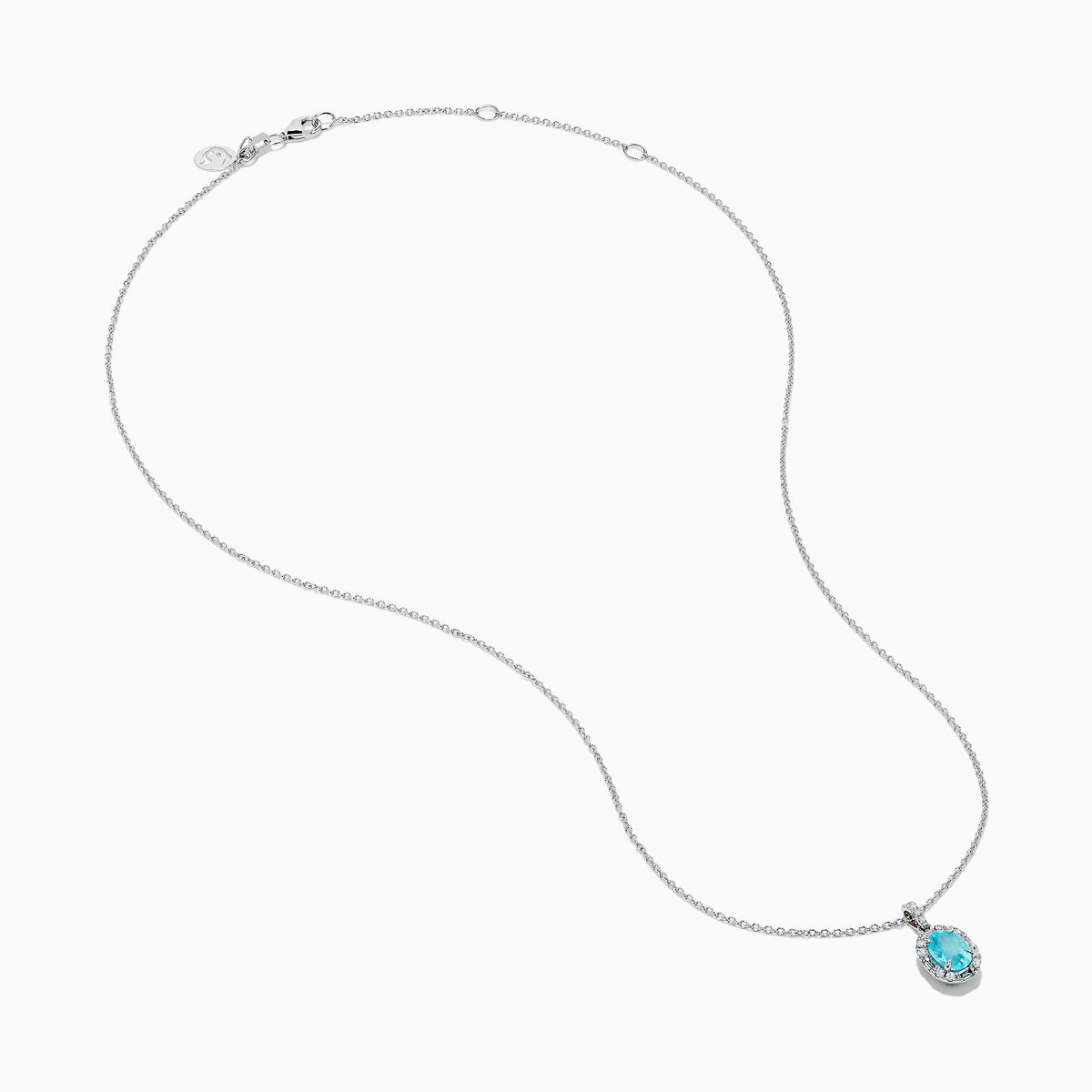 Effy Hematian 14K White Gold Paraiba and Diamond Halo Pendant features an oval blue Paraiba gemstone surrounded by a sparkling diamond halo, showcased on a plain white background.