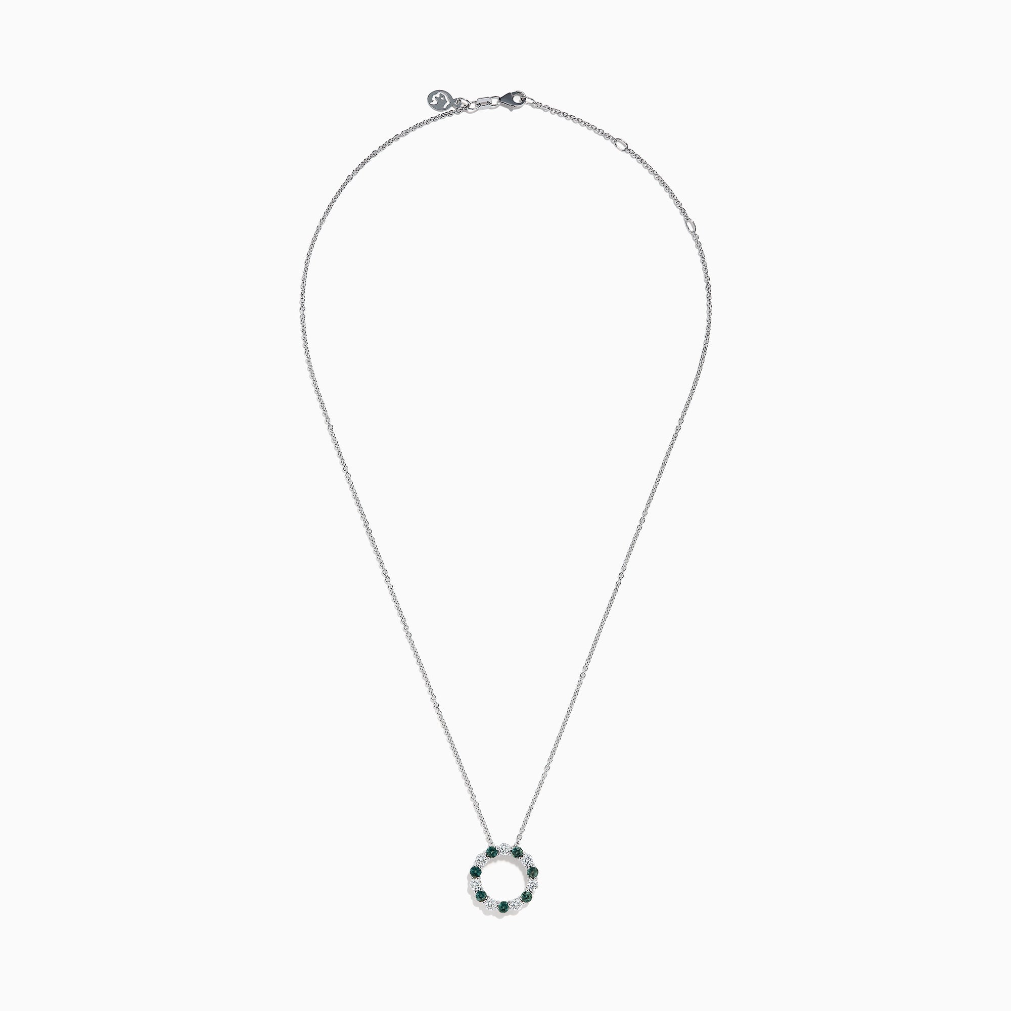 The Effy Hematian 14K White Gold Alexandrite and Diamond Circle Pendant features alternating dark blue alexandrite and clear gemstones in a circular design, shown against a plain white background.