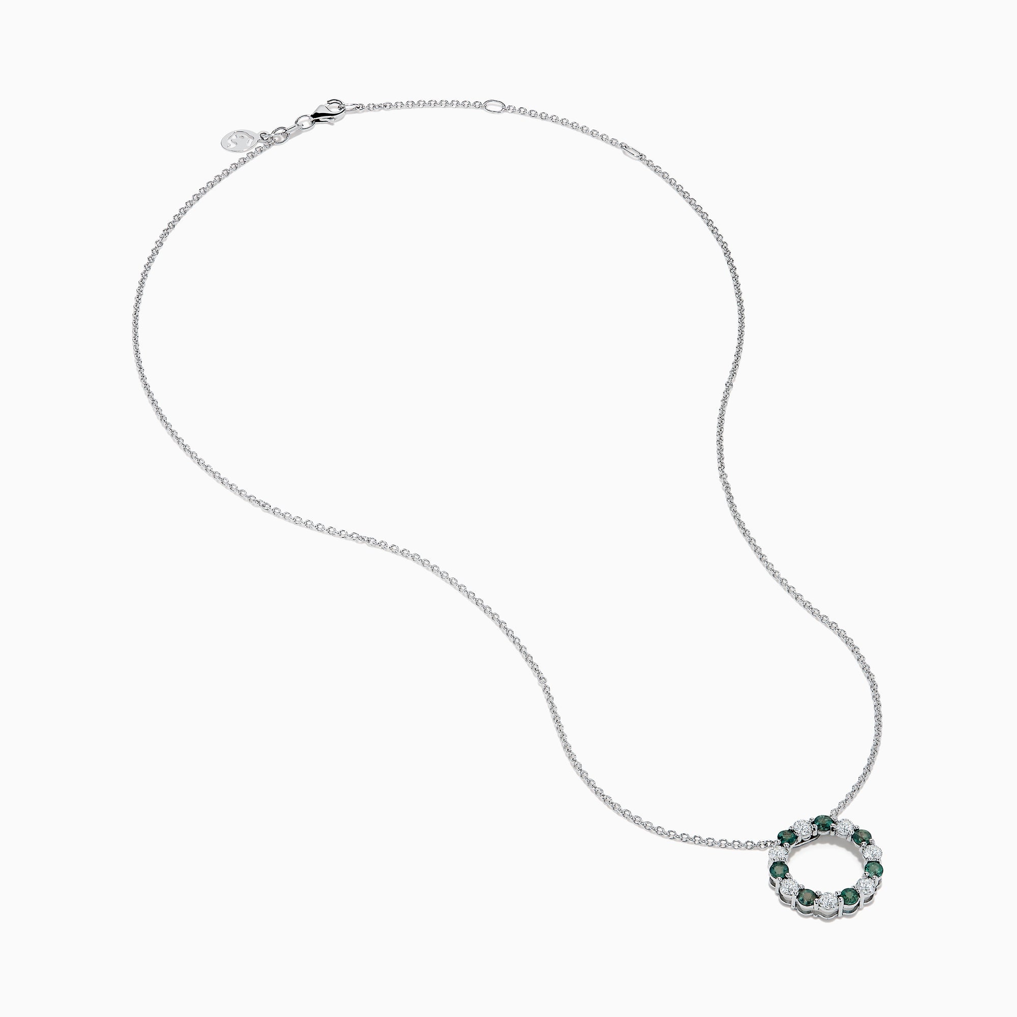 The Effy Hematian 14K White Gold Alexandrite and Diamond Circle Pendant features alternating dark blue alexandrite and clear gemstones in a circular design, shown against a plain white background.