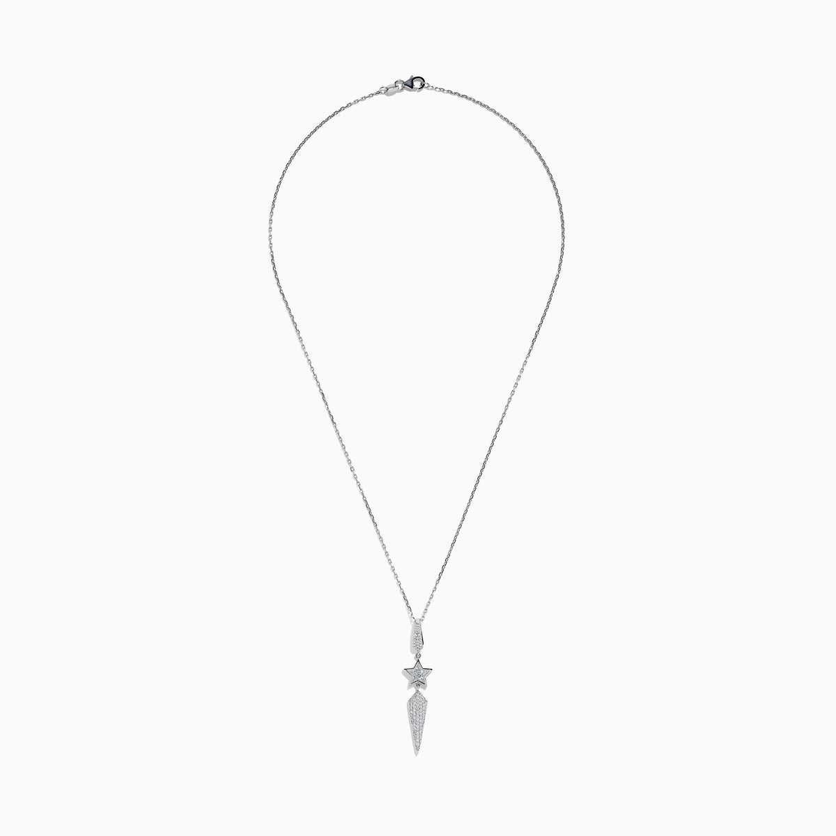 The 18K White Gold Diamond Shooting Star Lariat Pendant features a diamond teardrop, star, and pointed shapes, all set with sparkling diamonds.
