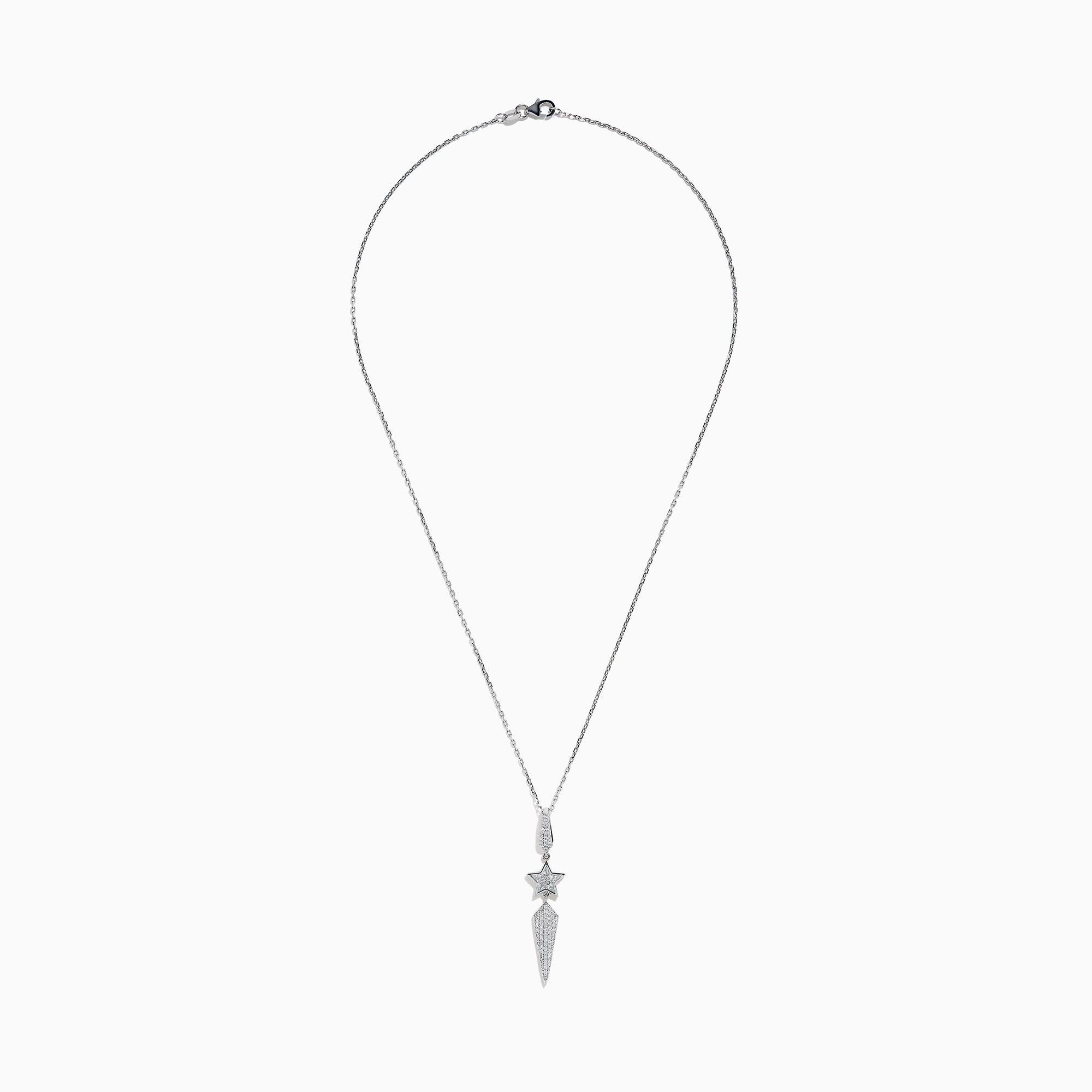 The 18K White Gold Diamond Shooting Star Lariat Pendant features a diamond teardrop, star, and pointed shapes, all set with sparkling diamonds.