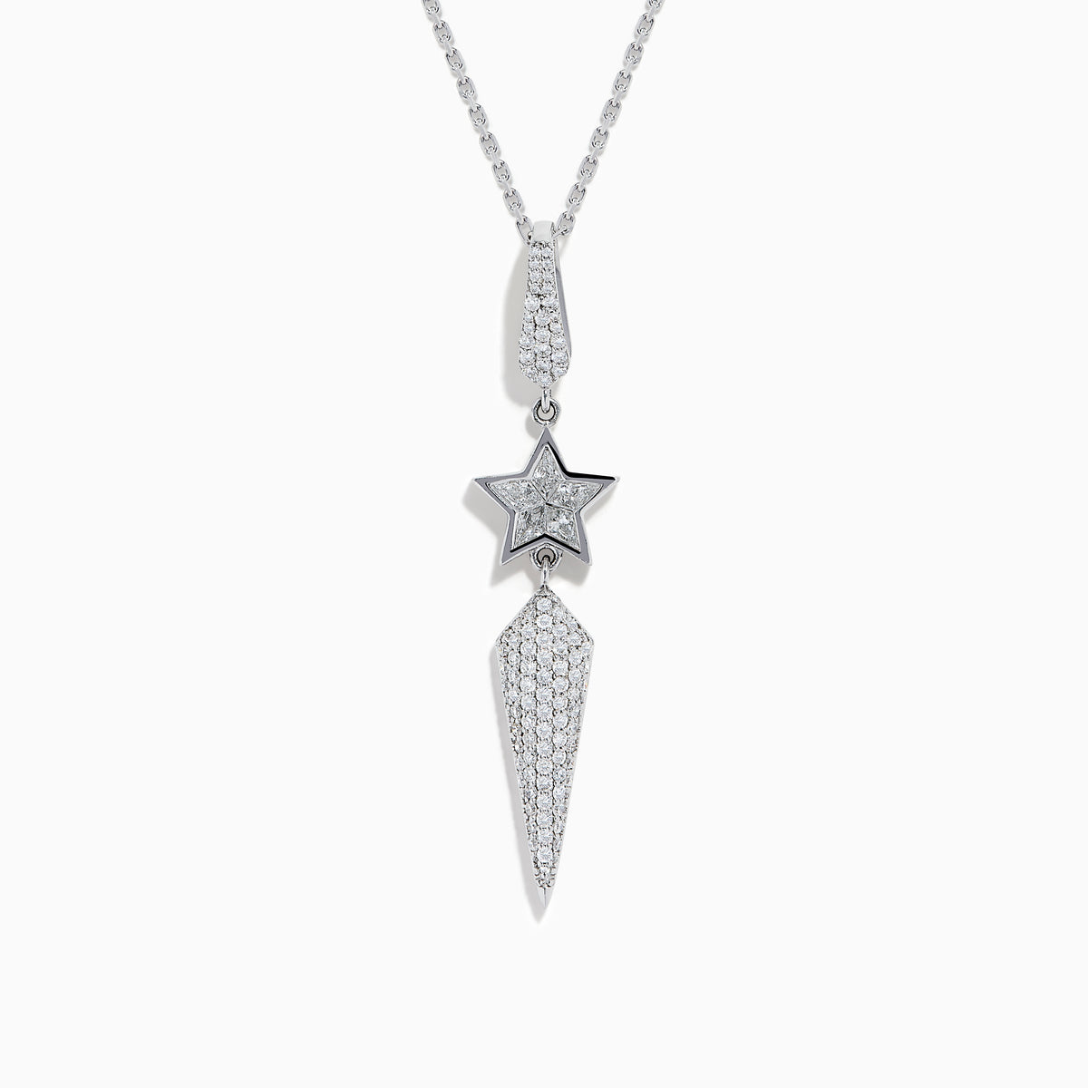 The 18K White Gold Diamond Shooting Star Lariat Pendant features a diamond teardrop, star, and pointed shapes, all set with sparkling diamonds.