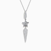 The 18K White Gold Diamond Shooting Star Lariat Pendant features a diamond teardrop, star, and pointed shapes, all set with sparkling diamonds.