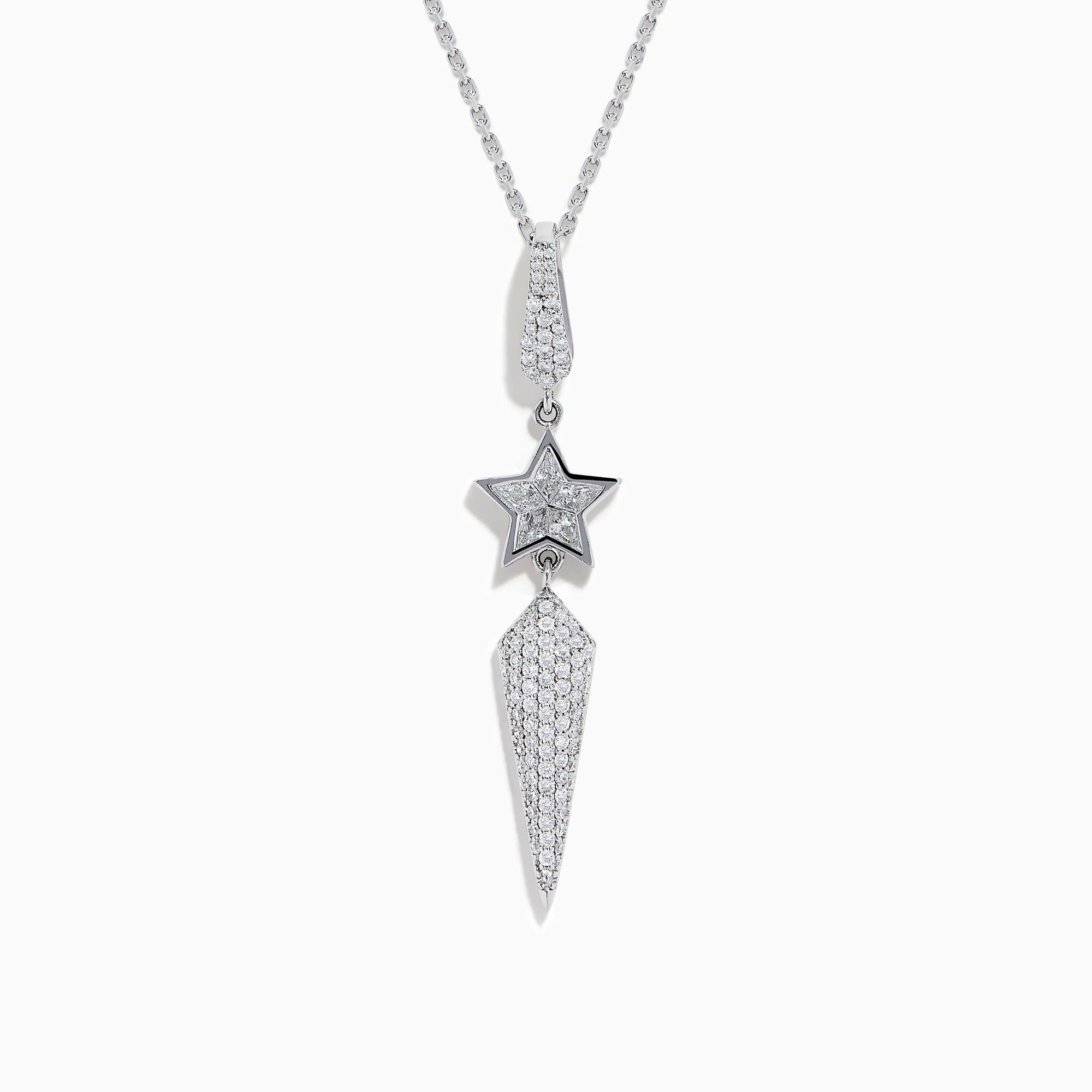 The 18K White Gold Diamond Shooting Star Lariat Pendant features a diamond teardrop, star, and pointed shapes, all set with sparkling diamonds.