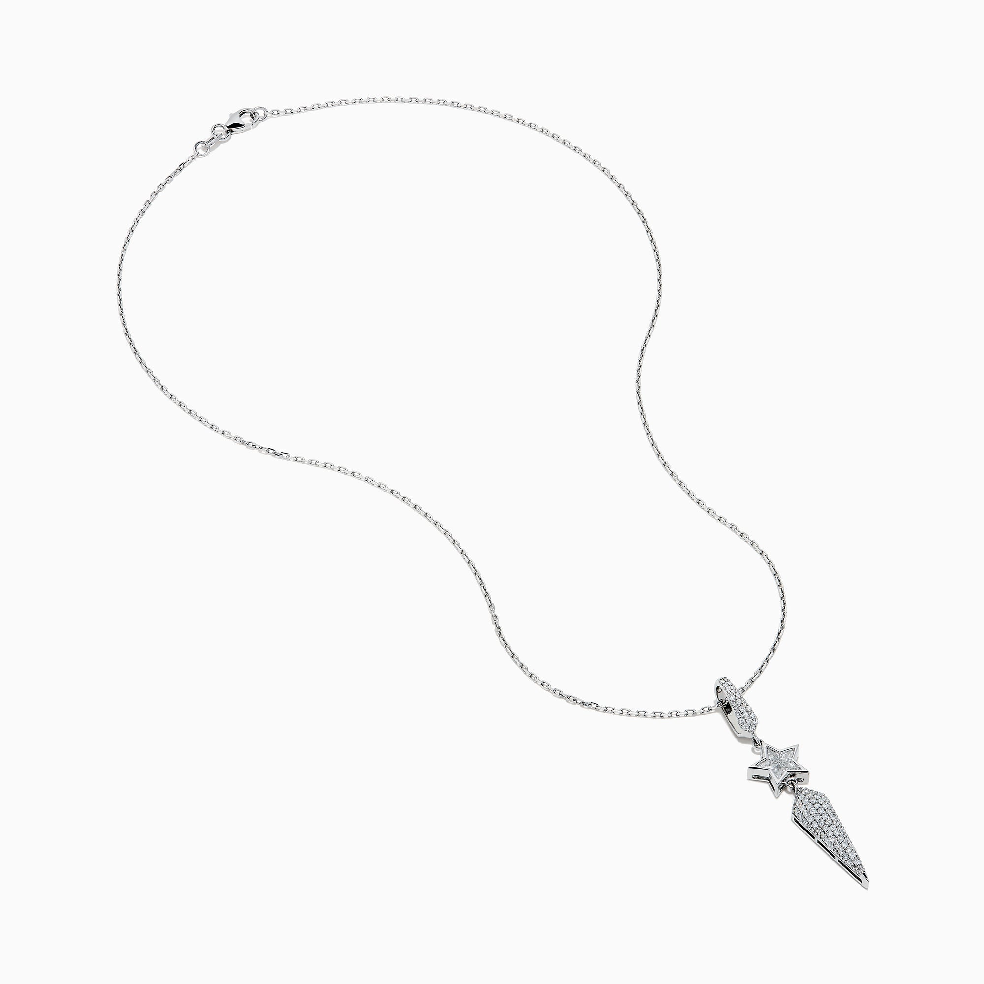 The 18K White Gold Diamond Shooting Star Lariat Pendant features a diamond teardrop, star, and pointed shapes, all set with sparkling diamonds.