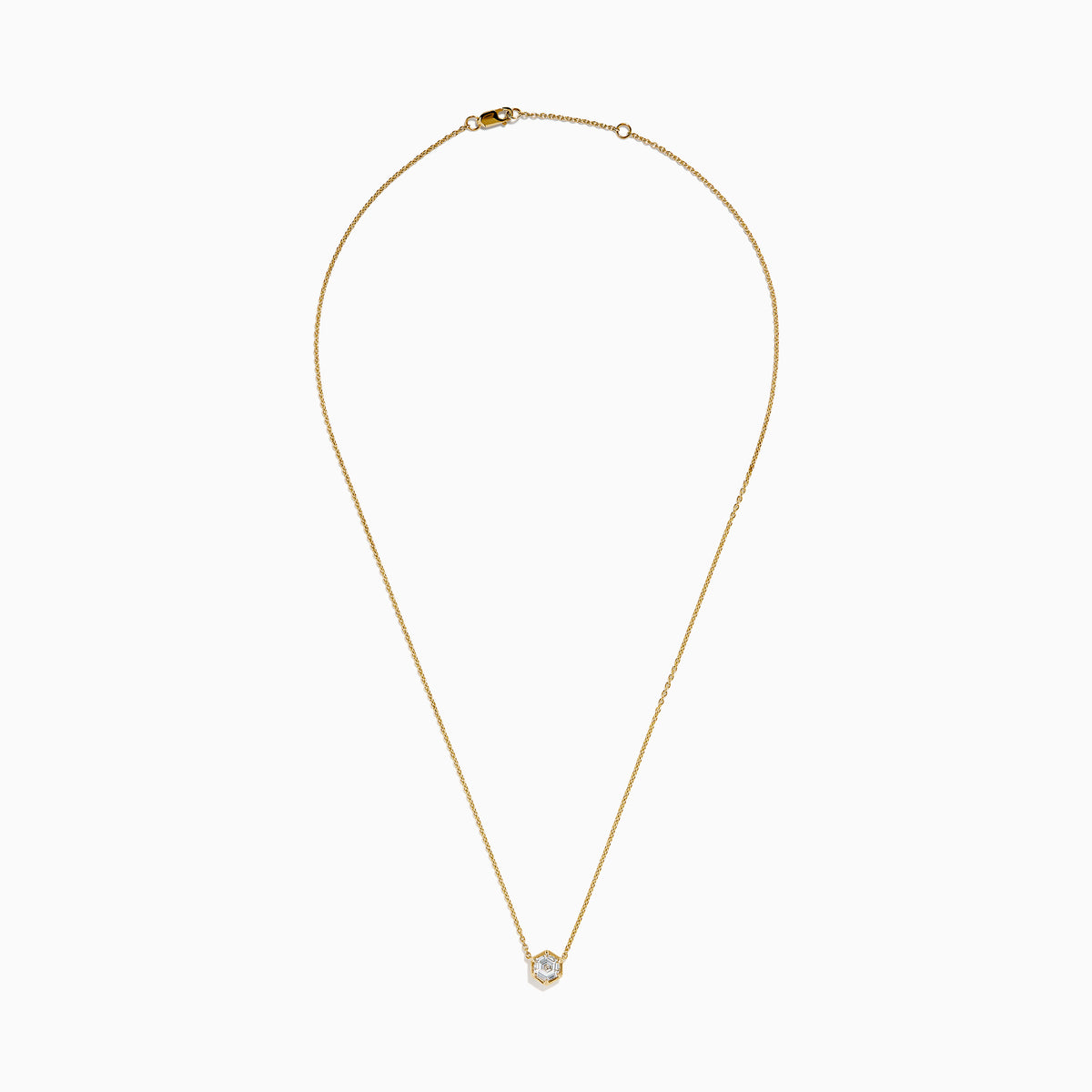 Lab Grown Diamond 1.00ct Hexagon Solitaire Necklace in 14K Yellow Gold—a striking gold chain necklace showcasing a hexagonal pendant with a central lab grown diamond, beautifully displayed on a white background.