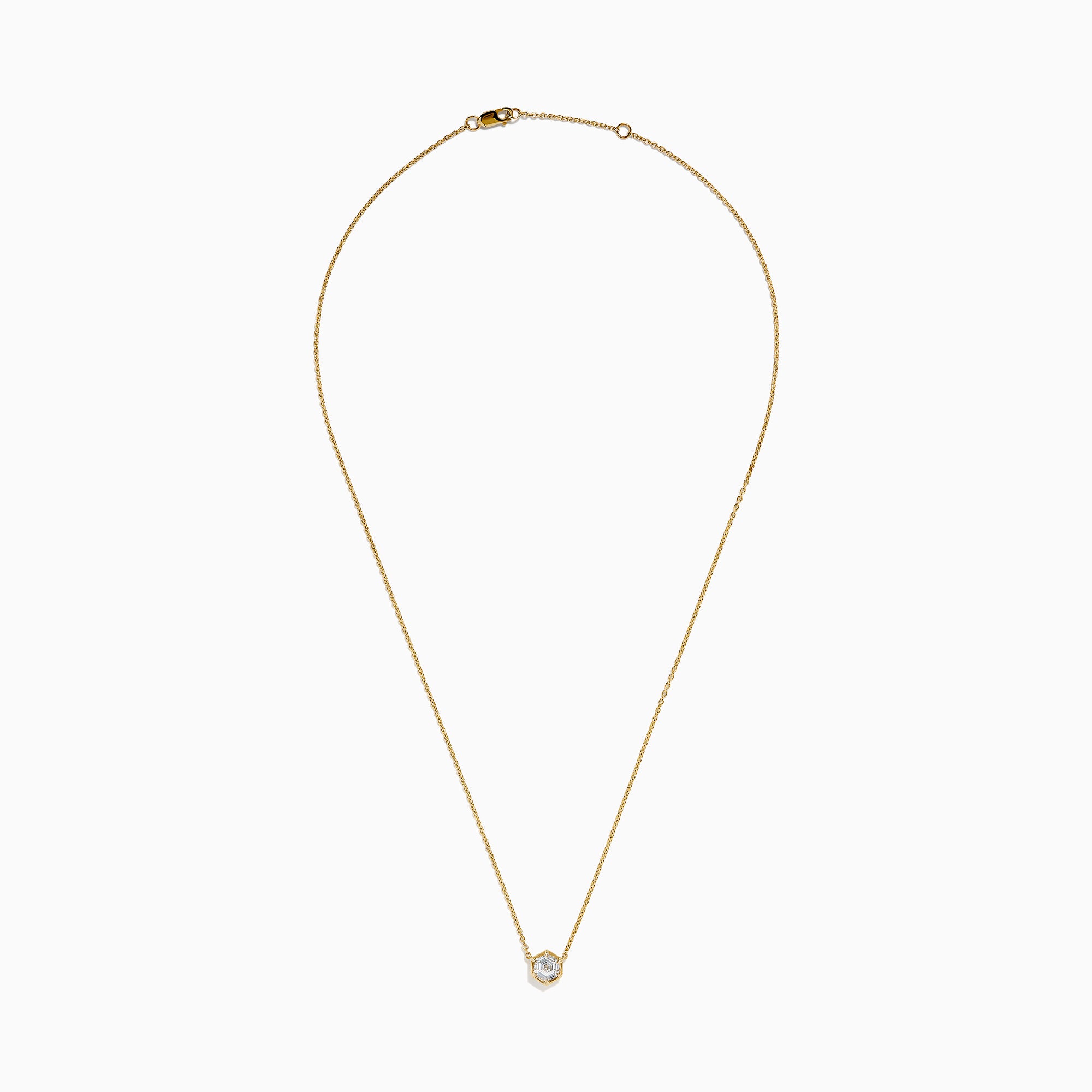 Lab Grown Diamond 1.00ct Hexagon Solitaire Necklace in 14K Yellow Gold—a striking gold chain necklace showcasing a hexagonal pendant with a central lab grown diamond, beautifully displayed on a white background.