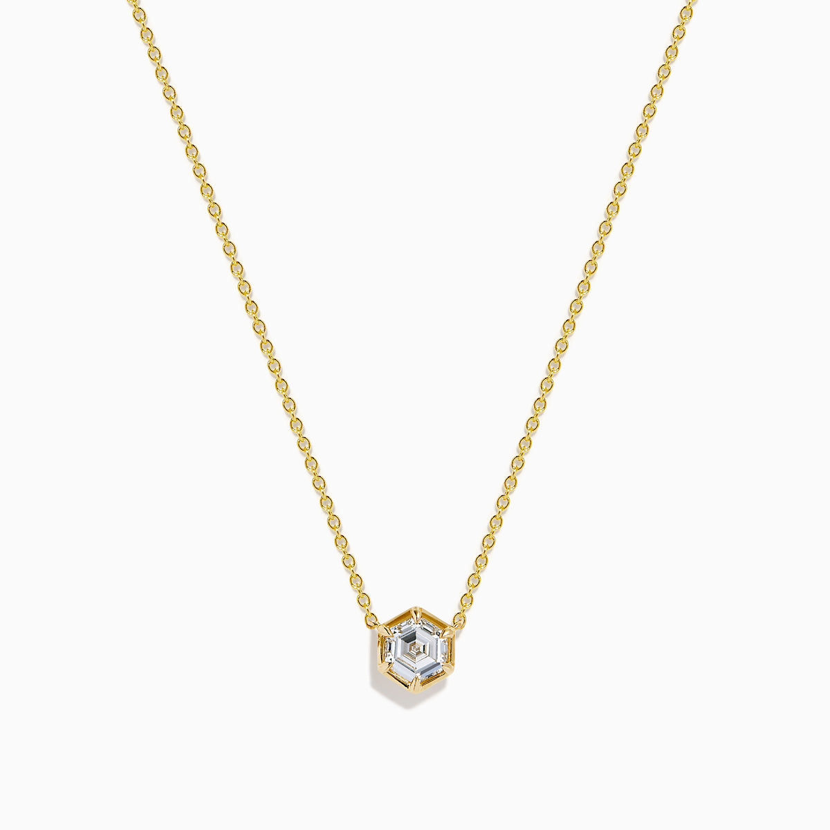 Lab Grown Diamond 1.00ct Hexagon Solitaire Necklace in 14K Yellow Gold—a striking gold chain necklace showcasing a hexagonal pendant with a central lab grown diamond, beautifully displayed on a white background.