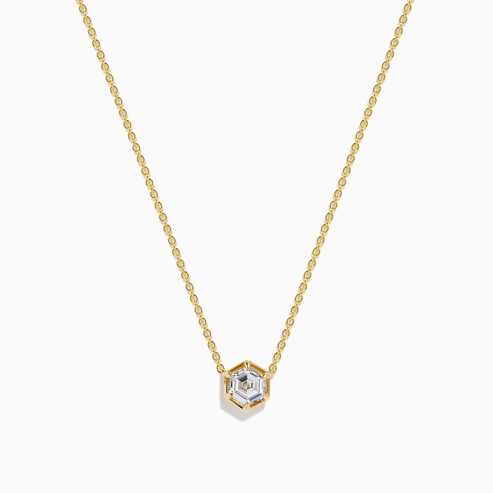 Lab Grown Diamond 1.00ct Hexagon Solitaire Necklace in 14K Yellow Gold—a striking gold chain necklace showcasing a hexagonal pendant with a central lab grown diamond, beautifully displayed on a white background.