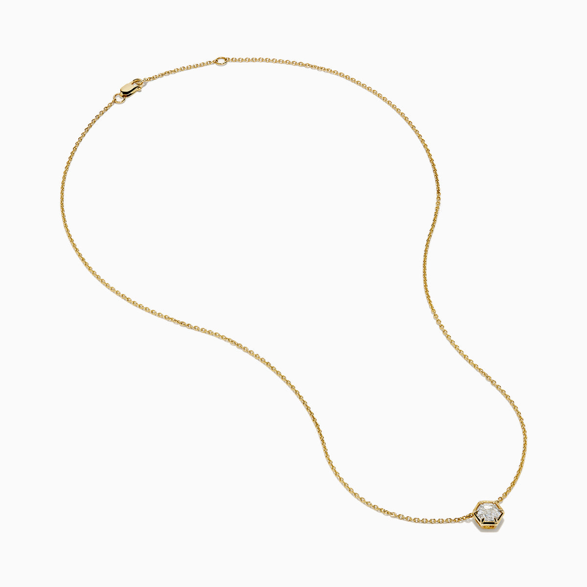 Lab Grown Diamond 1.00ct Hexagon Solitaire Necklace in 14K Yellow Gold—a striking gold chain necklace showcasing a hexagonal pendant with a central lab grown diamond, beautifully displayed on a white background.