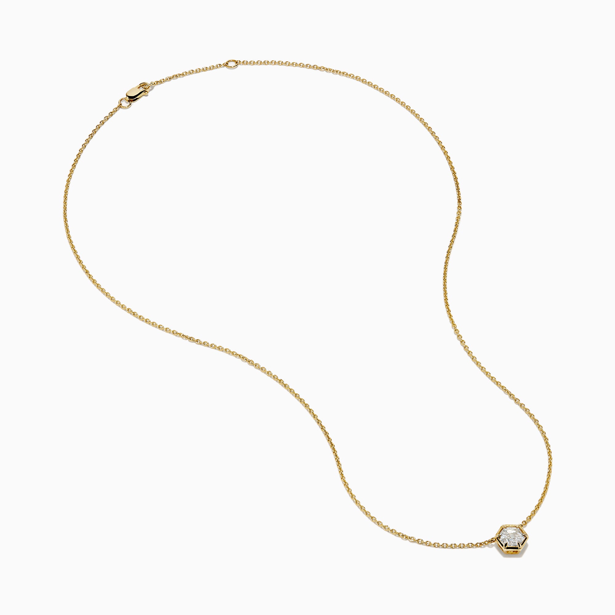 Lab Grown Diamond 1.00ct Hexagon Solitaire Necklace in 14K Yellow Gold—a striking gold chain necklace showcasing a hexagonal pendant with a central lab grown diamond, beautifully displayed on a white background.