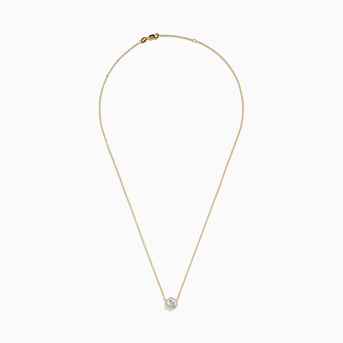 Elevate your style with the Lab Grown Diamond 2.00ct Hexagon Solitaire Necklace in 14K Yellow Gold, featuring a striking hexagonal-shaped pendant set with a clear lab-grown diamond at its center. Displayed on a white background, this elegant necklace is perfect for adding a touch of modern sophistication to any ensemble.