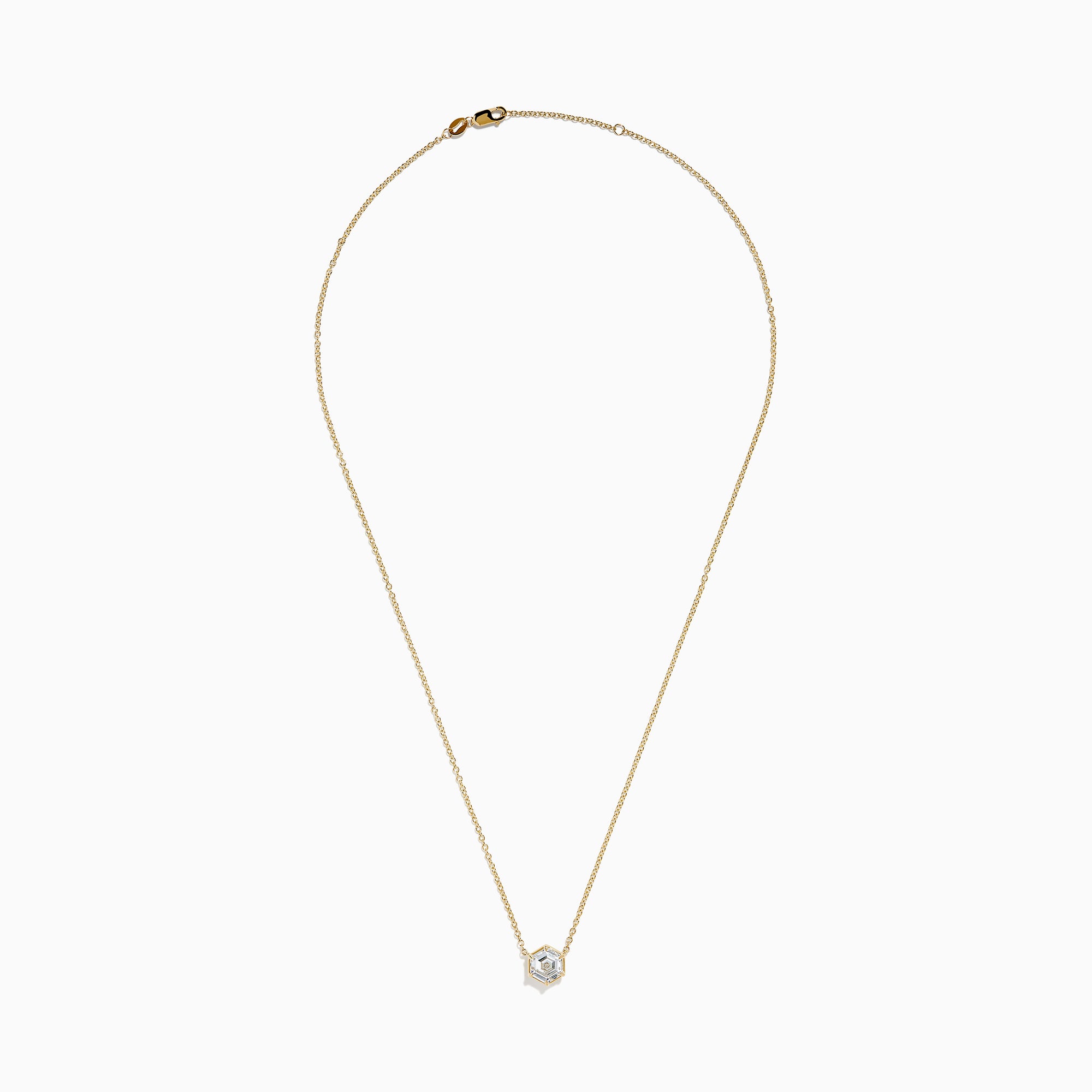 Elevate your style with the Lab Grown Diamond 2.00ct Hexagon Solitaire Necklace in 14K Yellow Gold, featuring a striking hexagonal-shaped pendant set with a clear lab-grown diamond at its center. Displayed on a white background, this elegant necklace is perfect for adding a touch of modern sophistication to any ensemble.