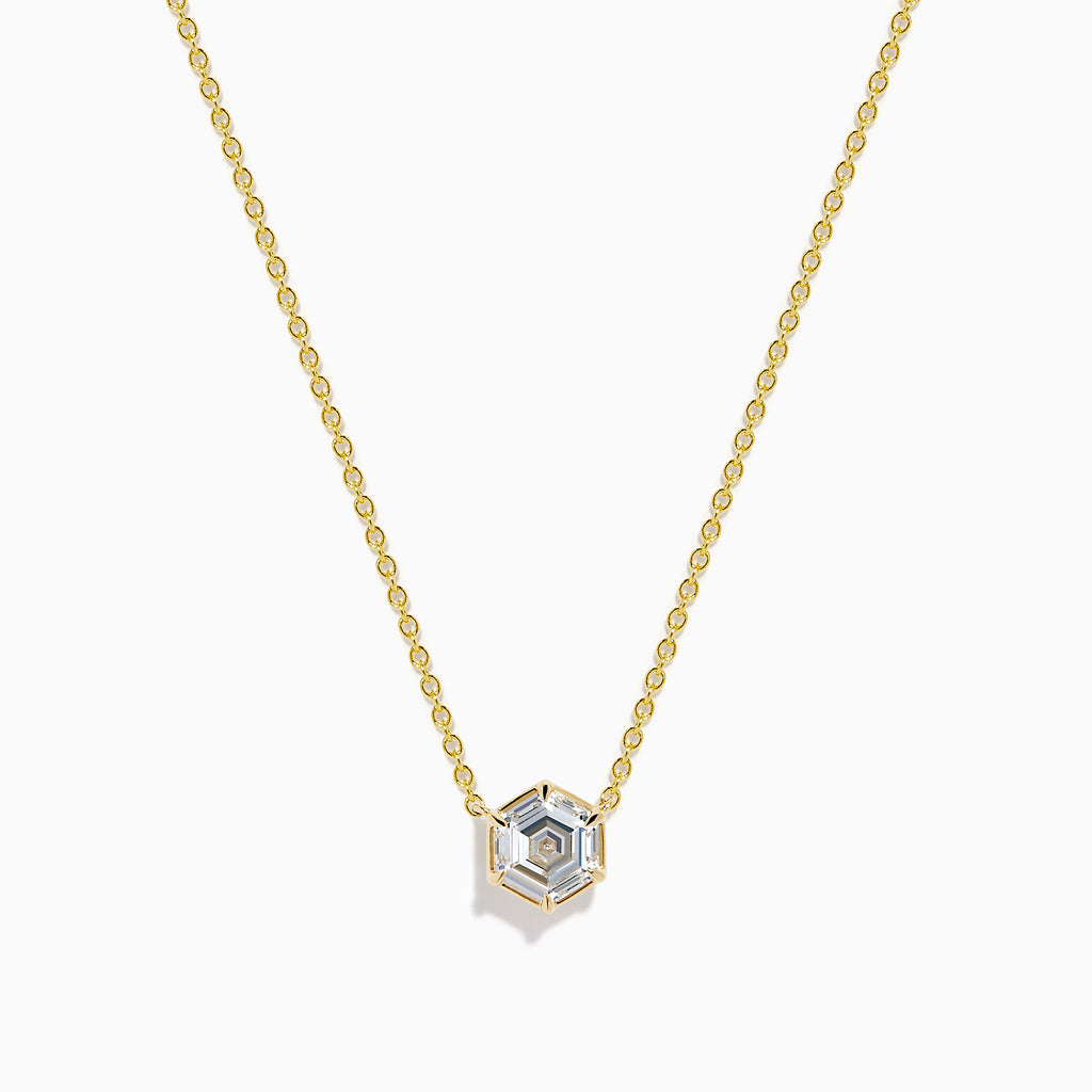 Elevate your style with the Lab Grown Diamond 2.00ct Hexagon Solitaire Necklace in 14K Yellow Gold, featuring a striking hexagonal-shaped pendant set with a clear lab-grown diamond at its center. Displayed on a white background, this elegant necklace is perfect for adding a touch of modern sophistication to any ensemble.