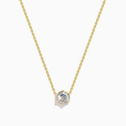 Elevate your style with the Lab Grown Diamond 2.00ct Hexagon Solitaire Necklace in 14K Yellow Gold, featuring a striking hexagonal-shaped pendant set with a clear lab-grown diamond at its center. Displayed on a white background, this elegant necklace is perfect for adding a touch of modern sophistication to any ensemble.
