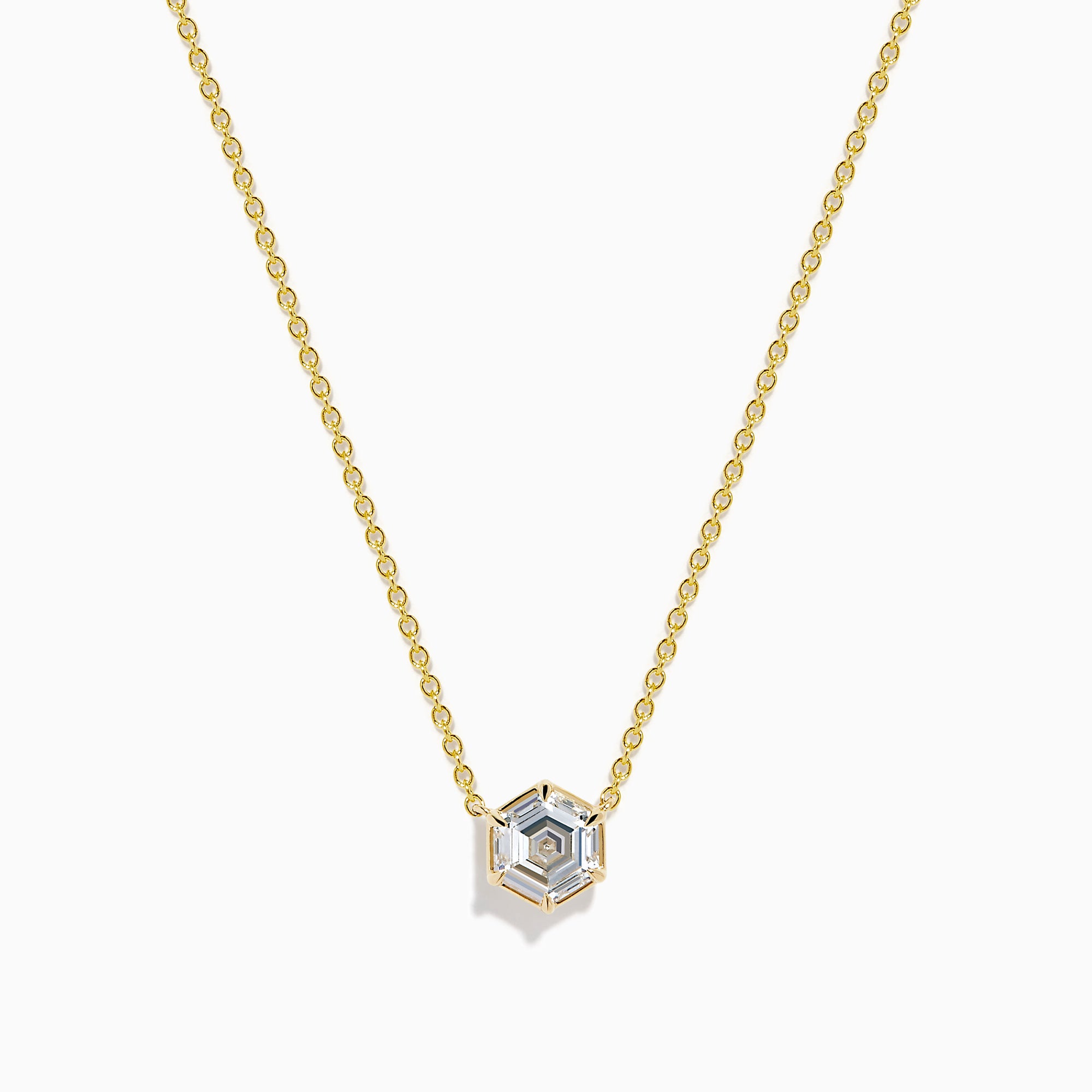 Elevate your style with the Lab Grown Diamond 2.00ct Hexagon Solitaire Necklace in 14K Yellow Gold, featuring a striking hexagonal-shaped pendant set with a clear lab-grown diamond at its center. Displayed on a white background, this elegant necklace is perfect for adding a touch of modern sophistication to any ensemble.