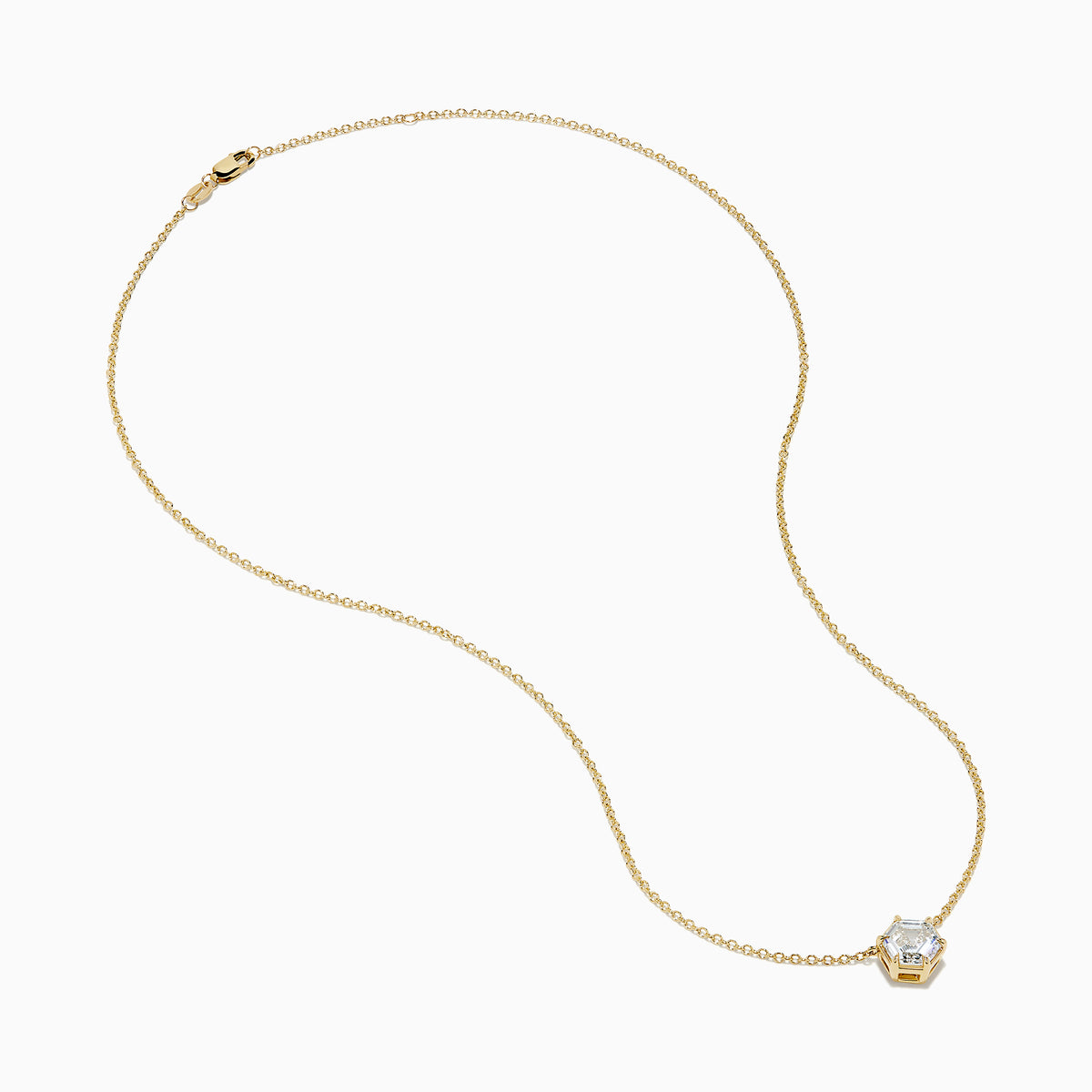 Elevate your style with the Lab Grown Diamond 2.00ct Hexagon Solitaire Necklace in 14K Yellow Gold, featuring a striking hexagonal-shaped pendant set with a clear lab-grown diamond at its center. Displayed on a white background, this elegant necklace is perfect for adding a touch of modern sophistication to any ensemble.