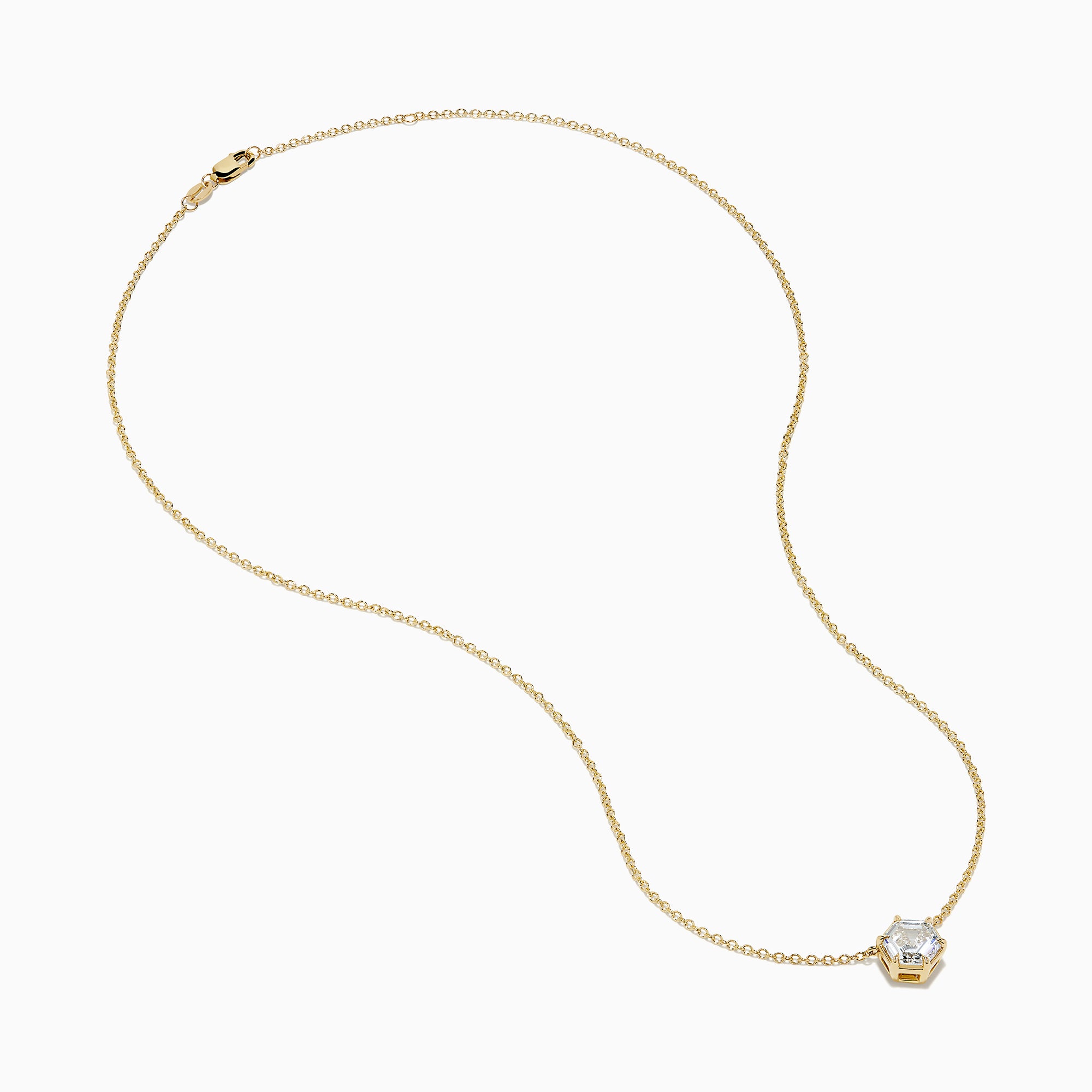 Elevate your style with the Lab Grown Diamond 2.00ct Hexagon Solitaire Necklace in 14K Yellow Gold, featuring a striking hexagonal-shaped pendant set with a clear lab-grown diamond at its center. Displayed on a white background, this elegant necklace is perfect for adding a touch of modern sophistication to any ensemble.