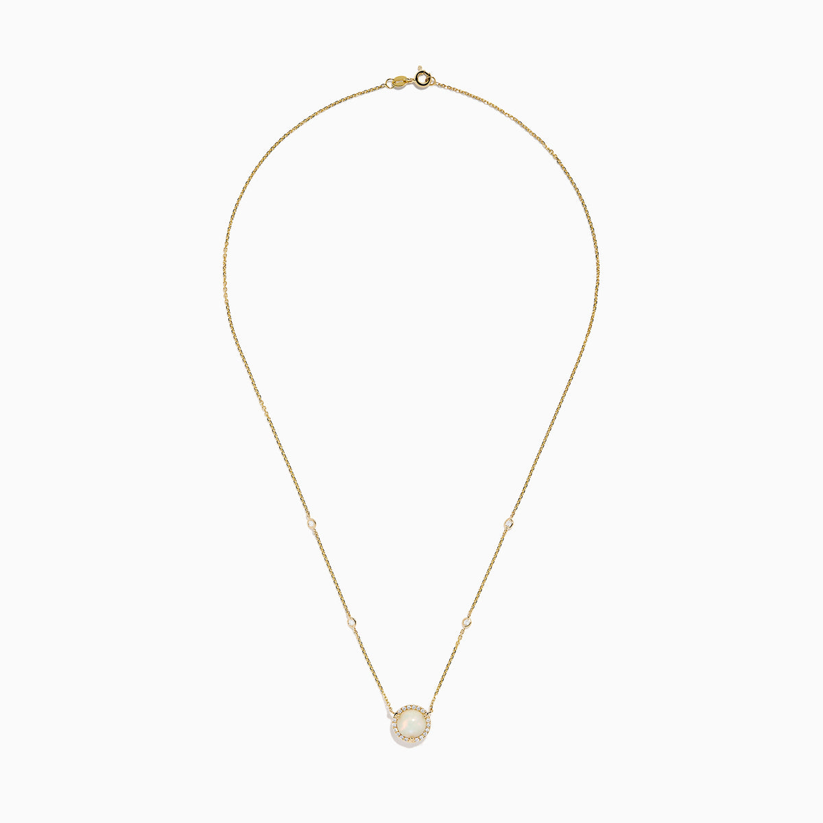The Aurora 14K Yellow Gold Opal and Diamond Necklace features a round opal pendant encircled by diamonds, with extra diamond accents on the chain—an elegant accessory for any occasion.
