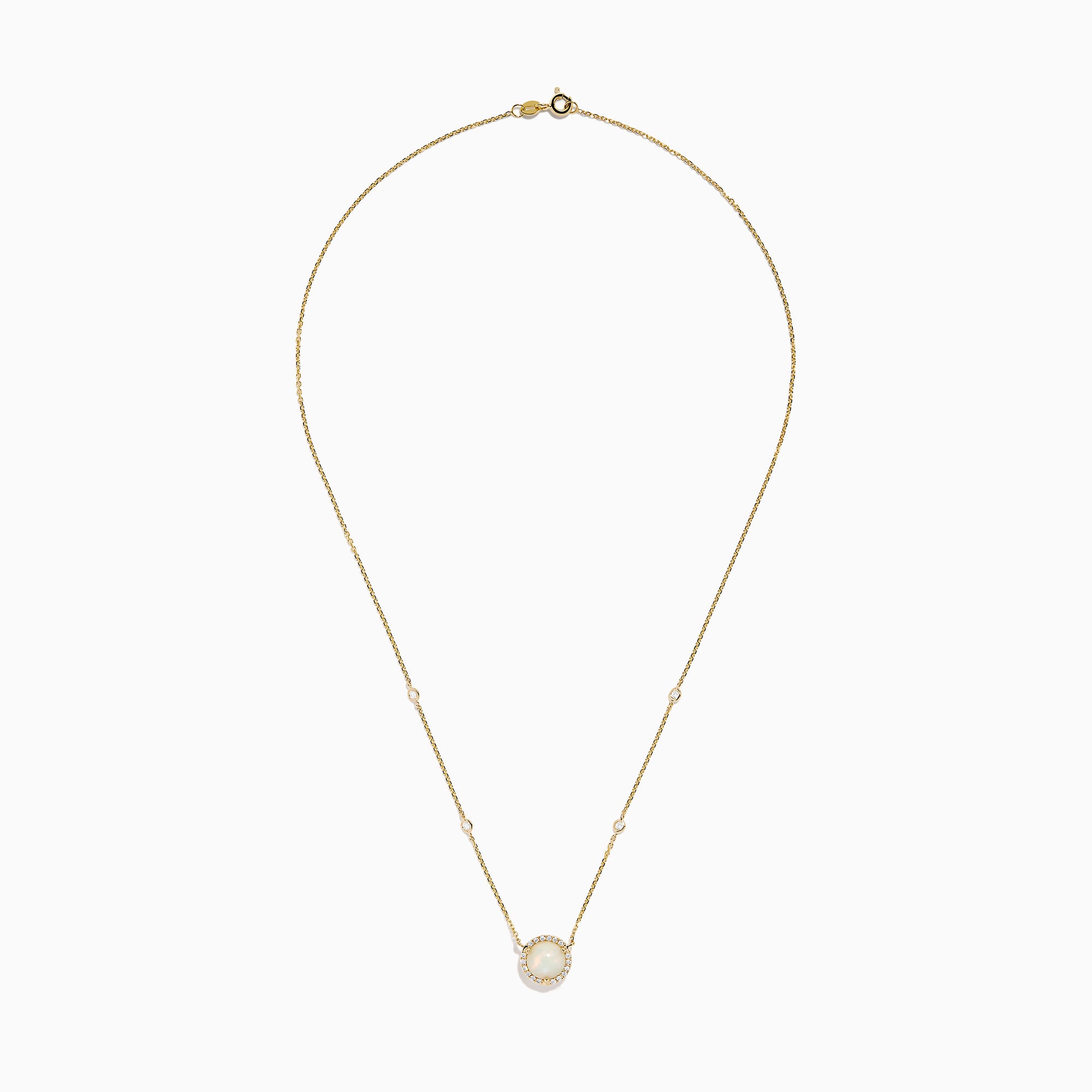 The Aurora 14K Yellow Gold Opal and Diamond Necklace features a round opal pendant encircled by diamonds, with extra diamond accents on the chain—an elegant accessory for any occasion.