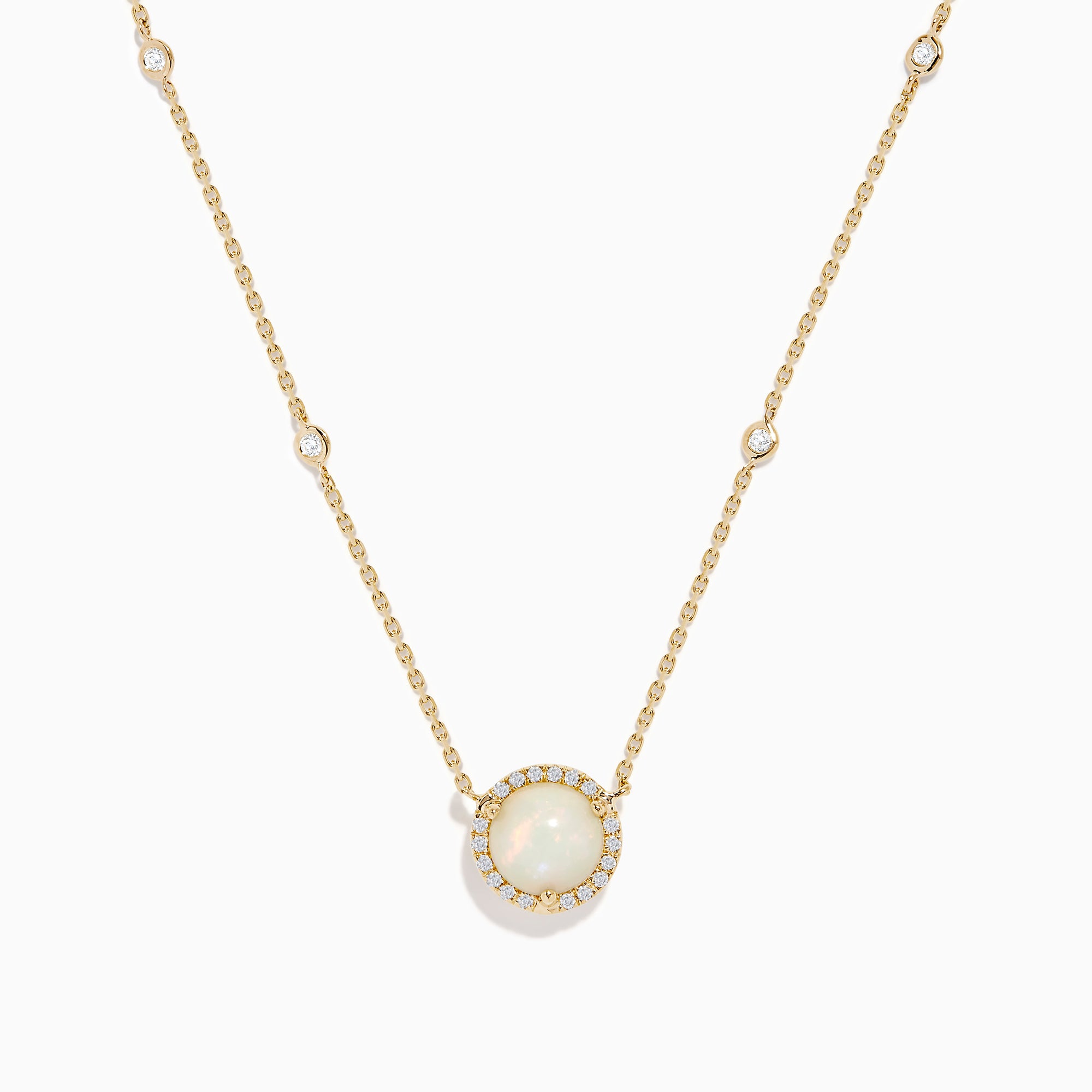 The Aurora 14K Yellow Gold Opal and Diamond Necklace features a round opal pendant encircled by diamonds, with extra diamond accents on the chain—an elegant accessory for any occasion.