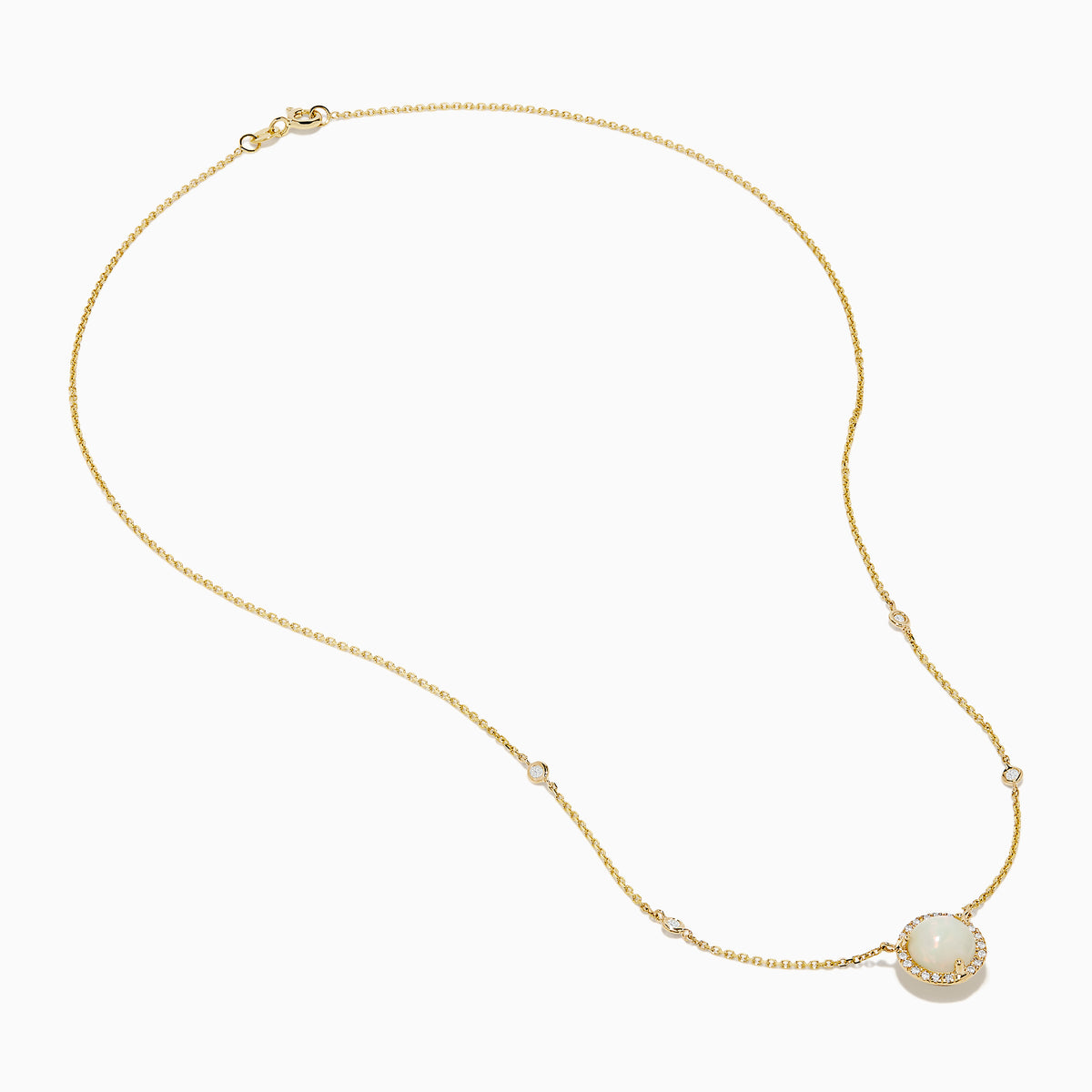 The Aurora 14K Yellow Gold Opal and Diamond Necklace features a round opal pendant encircled by diamonds, with extra diamond accents on the chain—an elegant accessory for any occasion.