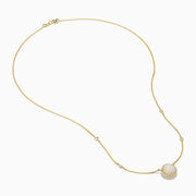 The Aurora 14K Yellow Gold Opal and Diamond Necklace features a round opal pendant encircled by diamonds, with extra diamond accents on the chain—an elegant accessory for any occasion.