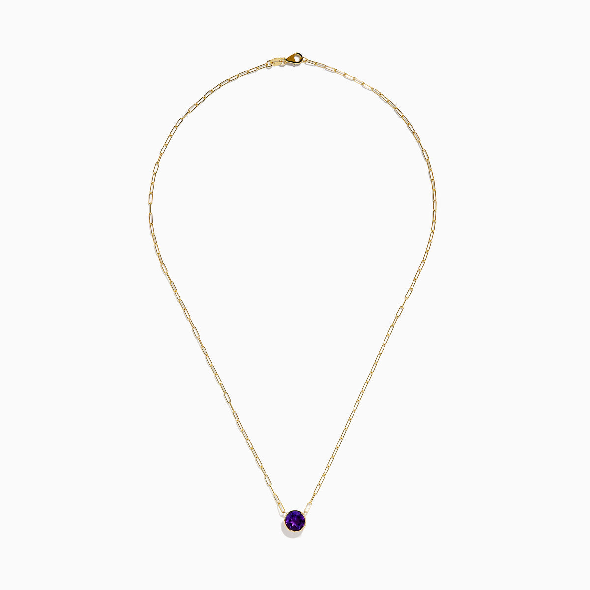 The 14K Yellow Gold Amethyst Bezel Paperclip Chain Pendant features a round, faceted amethyst set in a minimalist bezel on a delicate paperclip chain.