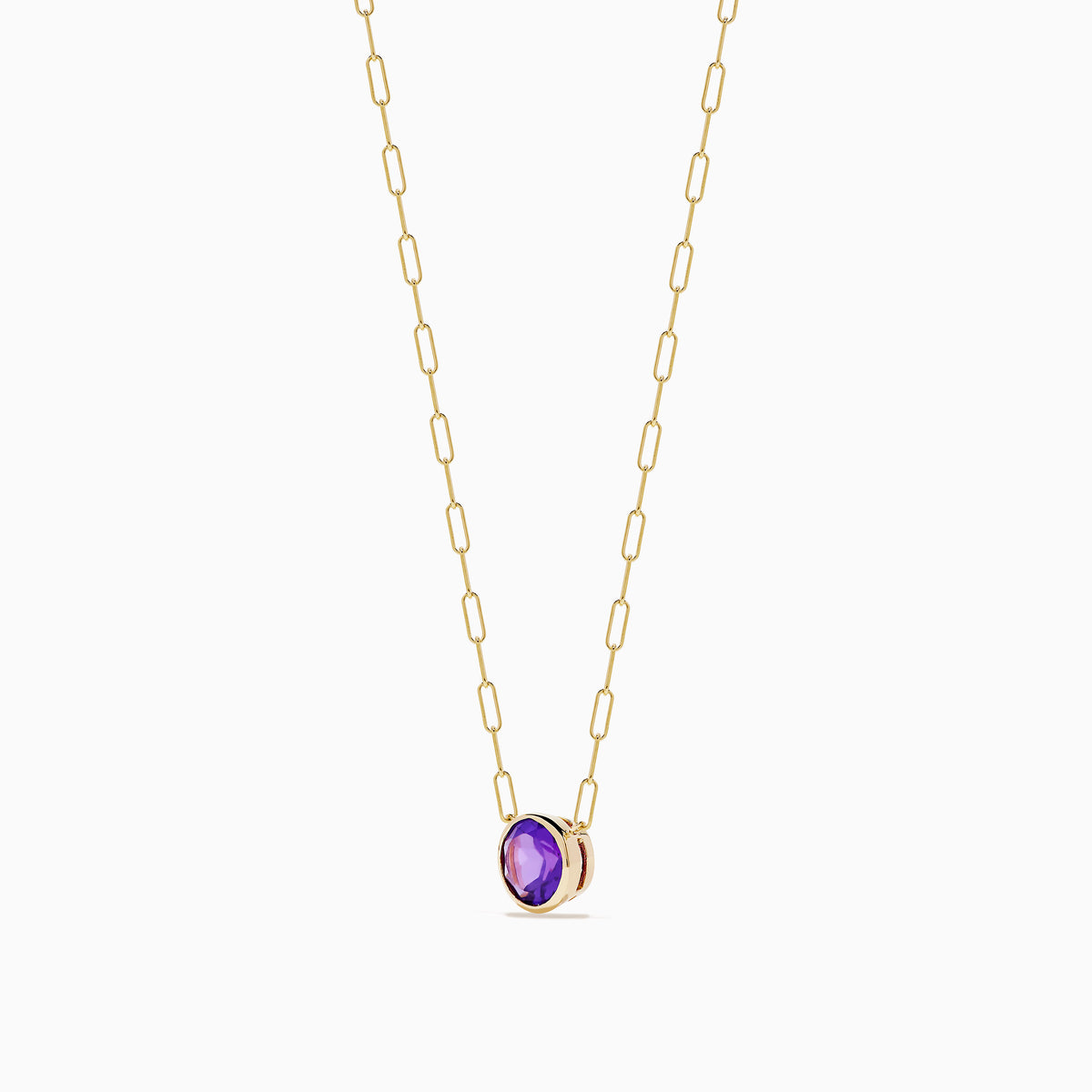 The 14K Yellow Gold Amethyst Bezel Paperclip Chain Pendant features a round, faceted amethyst set in a minimalist bezel on a delicate paperclip chain.