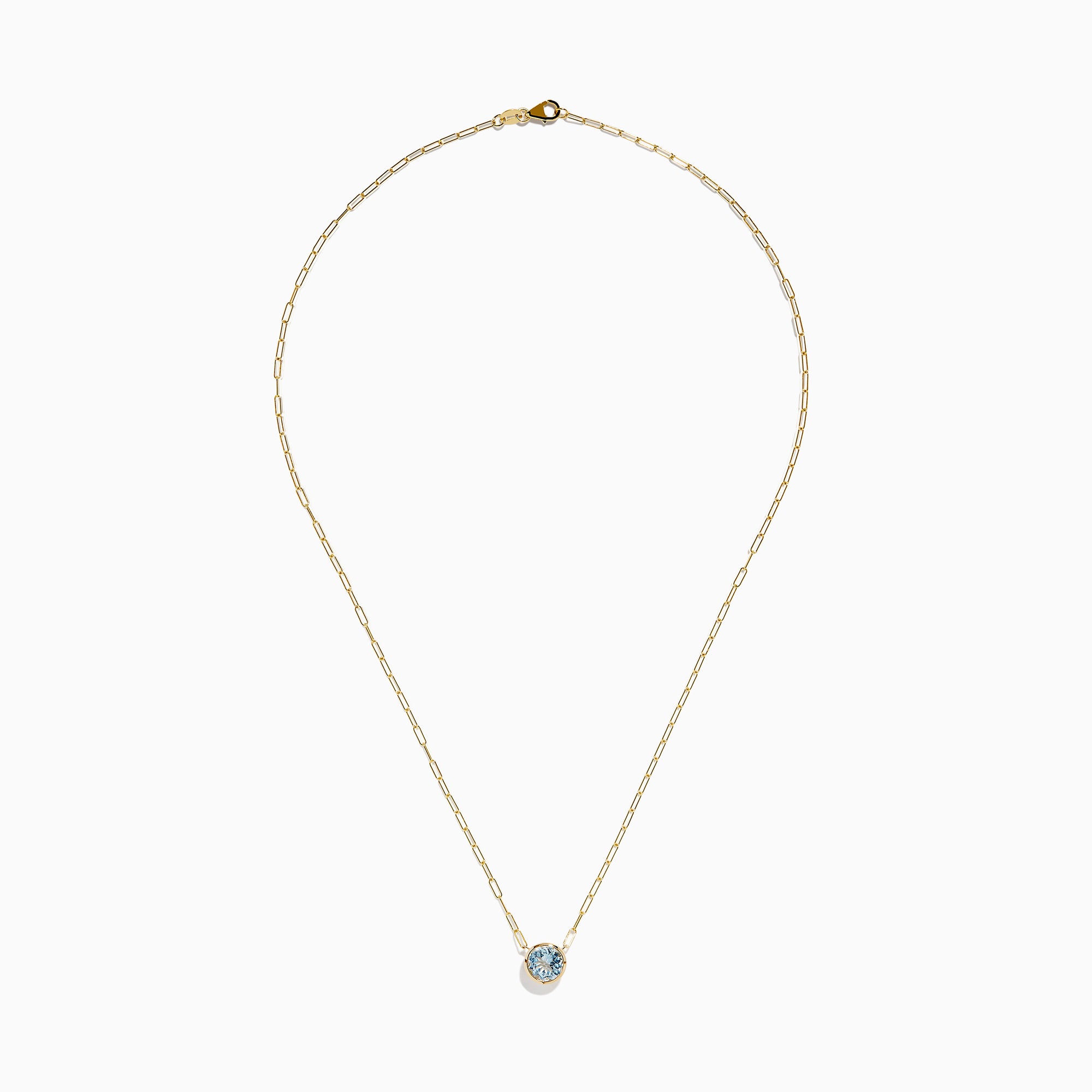 The 14K Yellow Gold Aquamarine Bezel Paperclip Chain Pendant features a round light blue aquamarine in a simple gold bezel on a delicate paperclip chain, shown against a white background.